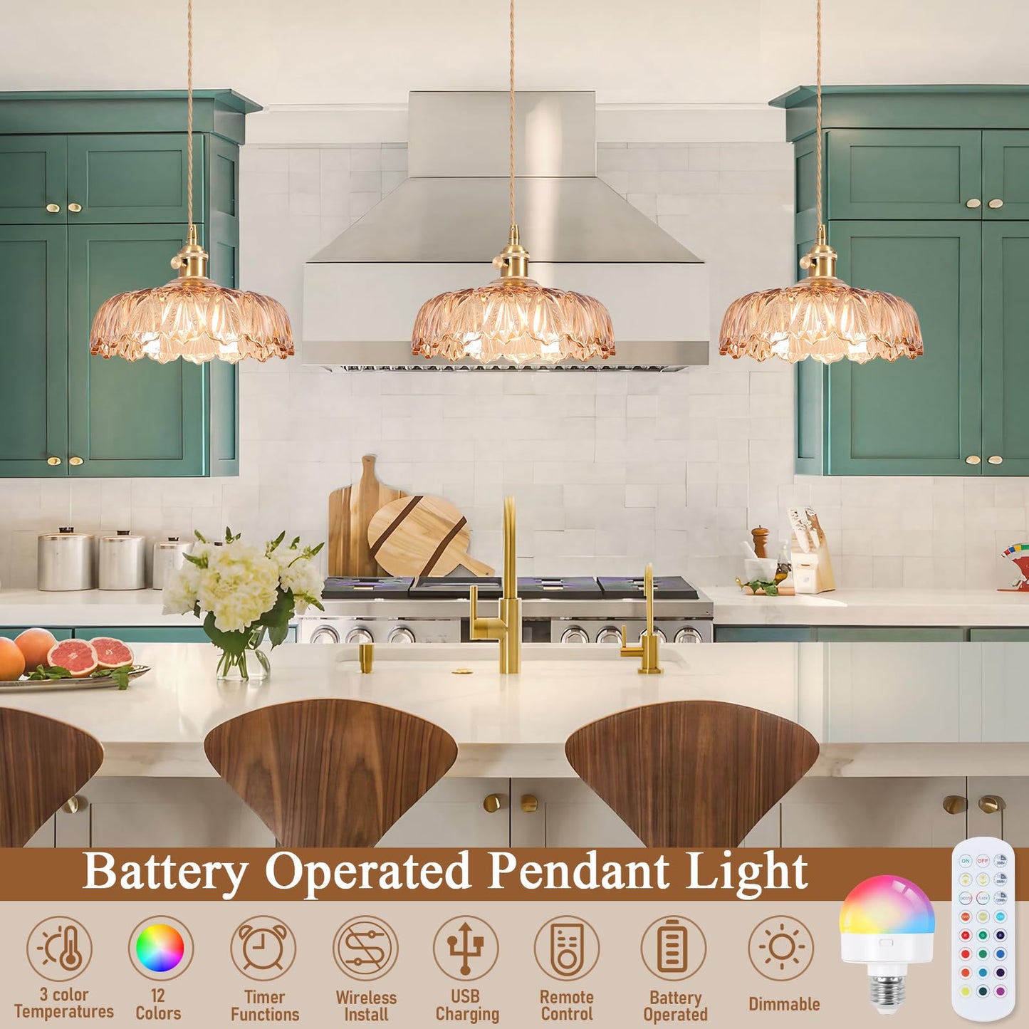 Battery Operated Pendant Light Vintage Light Fixtures 2500Mah 9.4In Rgb Light Bulb Amber Modern Chandelier With Remote Control Wireless Adjustable Rechargeable Chandelier For Kitchen Island 1Light