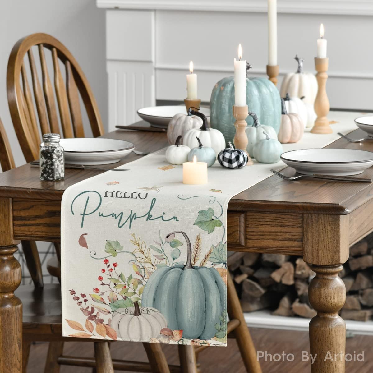 Artoid Mode Aqua Hello Pumpkin Leaves Fall Table Runner, Seasonal Autumn Kitchen Dining Table Decoration for Home Party Decor 13x48 Inch