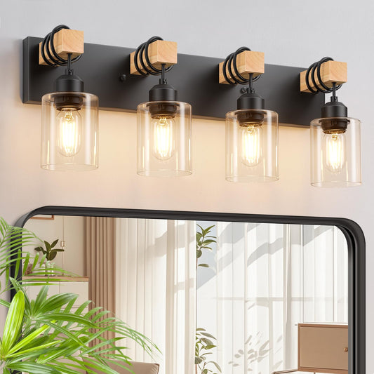Licperron 4-Lights Farmhouse Vanity Lights For Bathroom  Matte Black Bathroom Light Fixtures With Clear Glass Shade  Rustic Wood Wall Lighting Fixtures Over Mirror For Bedroom  Living Room  Hallway