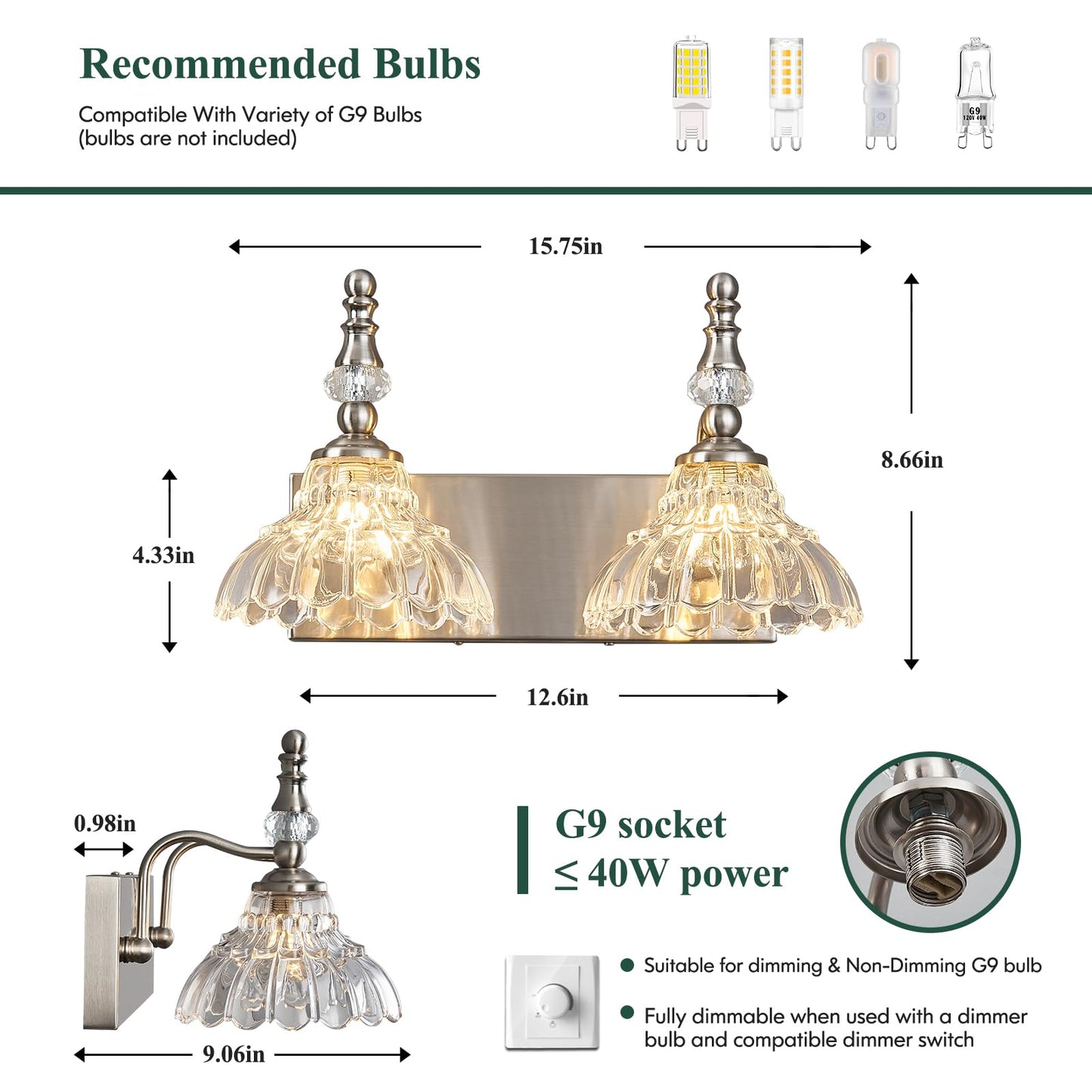 Lbsqj Vintage Bathroom Vanity Light  2-Light Brushed Nickel Vanity Lighting Fixture With Flower Glass Shade  Bathroom Lighting Fixtures Over Mirror