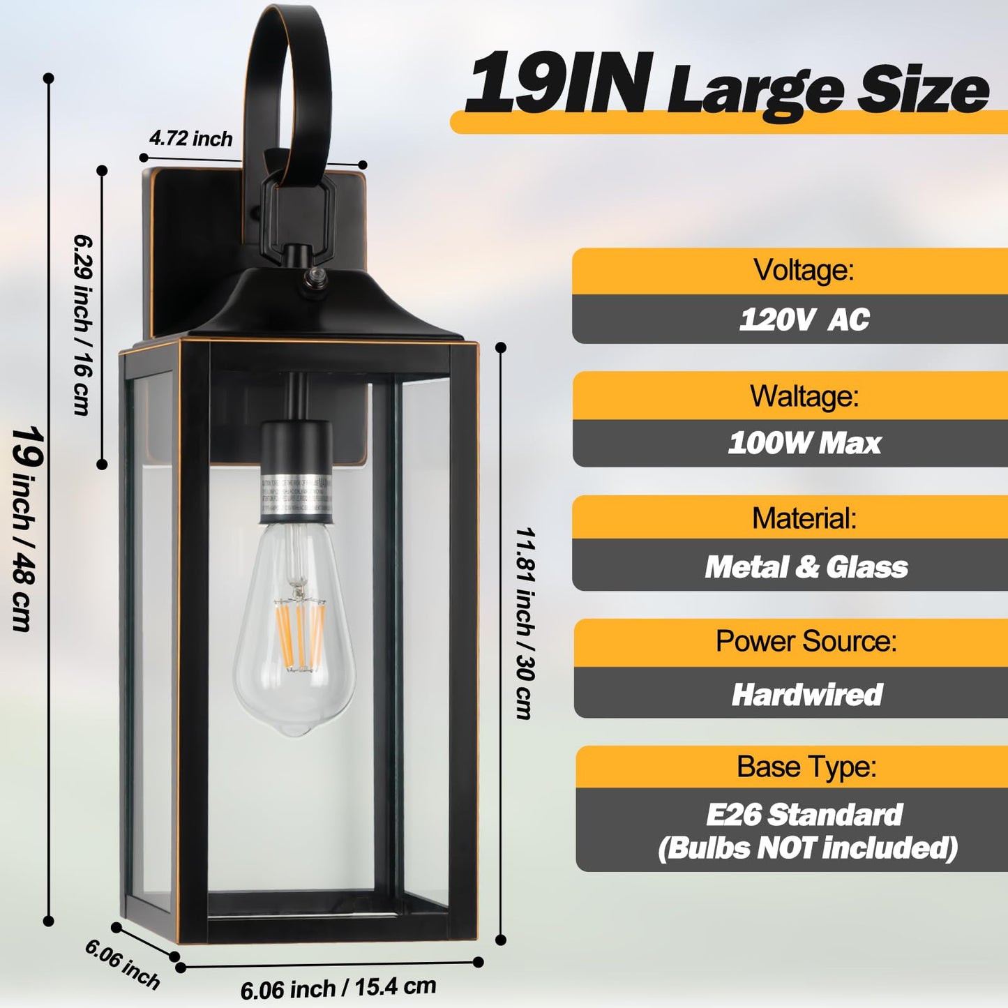 Yolsunes 19 Dusk To Dawn Outdoor Lighting 2 Pack  Large Outdoor Wall Lights Dusk To Dawn  Black Sensor Porch Lights Exterior Lighting Fixtures Wall Mount For House Garage -With Gold Trim