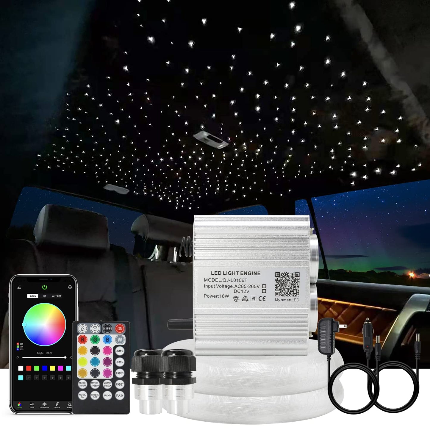 AKEPO Twinkle Fiber Optic Light Kit, 16W RGBW, 600 Strands, 9.8ft/3m Optical Fiber, Aluminum, Multicolor, Model QJ-L