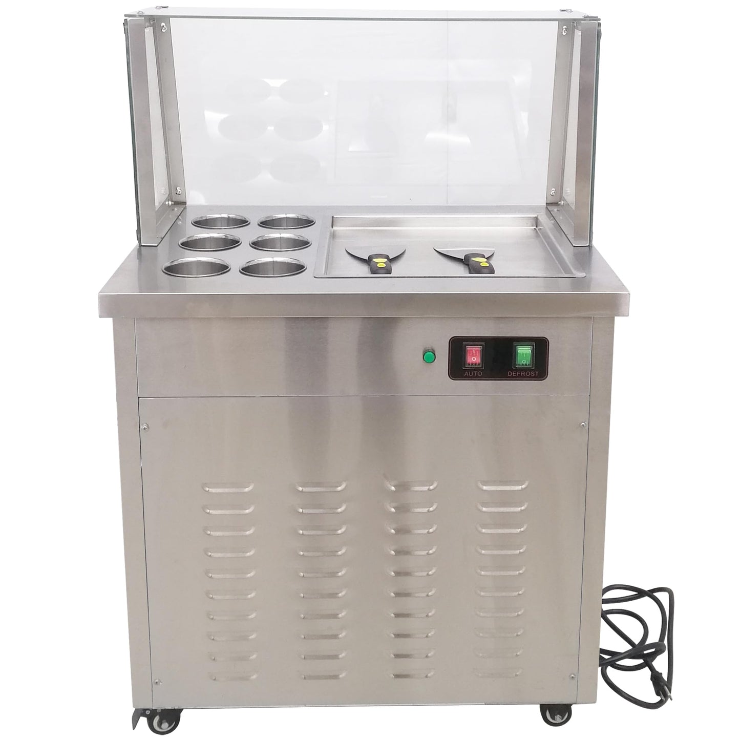 HQHAOTWU Stainless Steel Fried Ice Cream Maker Machine Commercial Rolled Icecream Maker Electric Single Square Pan Fried Yogurt Cream Machine with 6 Buckets, Lamp and Dust Cover 110V