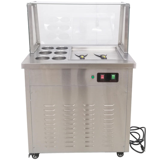 HQHAOTWU Stainless Steel Fried Ice Cream Maker Machine Commercial Rolled Icecream Maker Electric Single Square Pan Fried Yogurt Cream Machine with 6 Buckets, Lamp and Dust Cover 110V