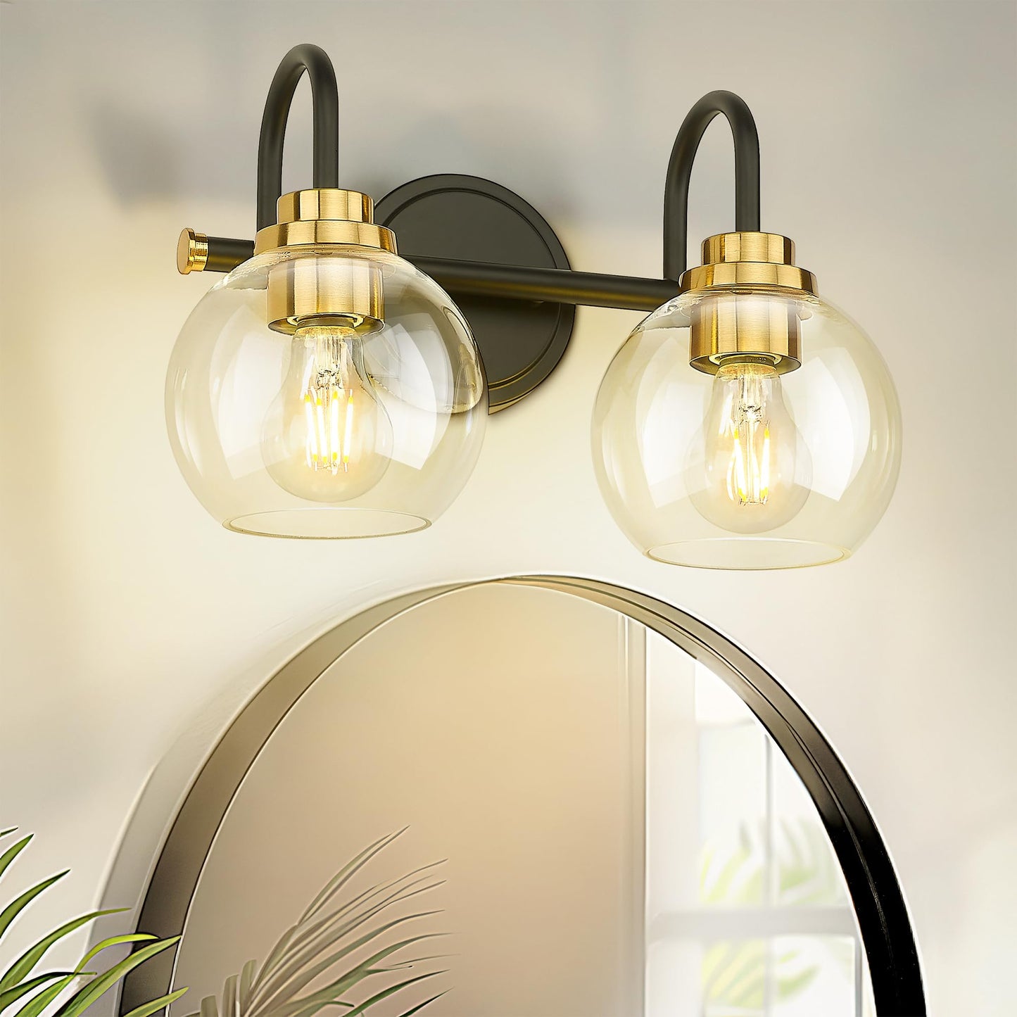 Audickic Bathroom Light Fixtures  2-Light Black And Gold Vanity Lights With Globe Clear Glass  Modern Vanity Lighting Fixtures Over Mirror  Ad-22280-2W-Kg