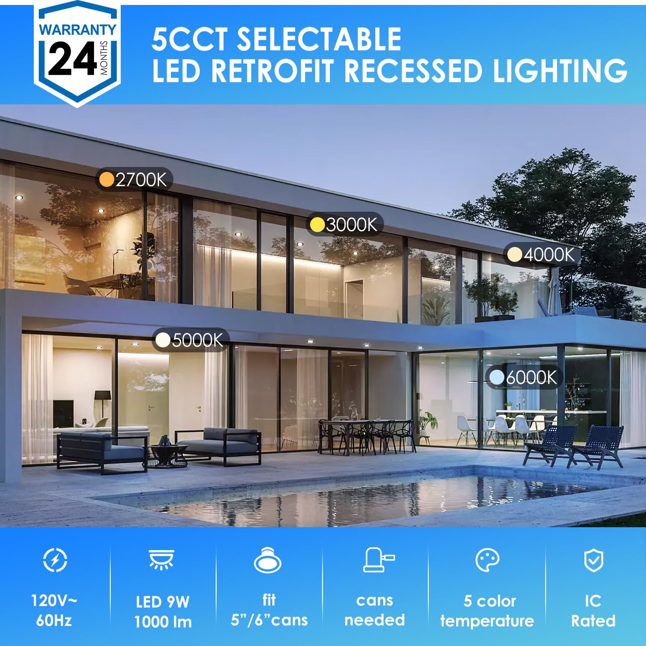 Anwio Recessed Lighting 6 Inch Black  5Cct 9W 1000Lm Flat Retrofit Led Recessed Lights Can Needs  2700/3000/4000/5000/6000K Selectable Can Lights Cri 80+ Dimmable E26 Base Ic Rated & Etl 5 Pack
