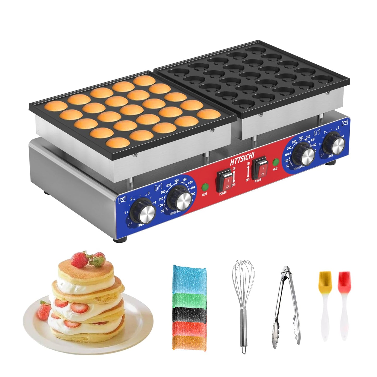 HTTSICHI Mini Pancake Maker - 50Pcs Commercial Pancake Maker With Round-Shaped and Heart-Shaped, Mini Pancakes Maker Machine With 2 Thermostats & 2 Timers, Non-stick Electric Pancakes Maker