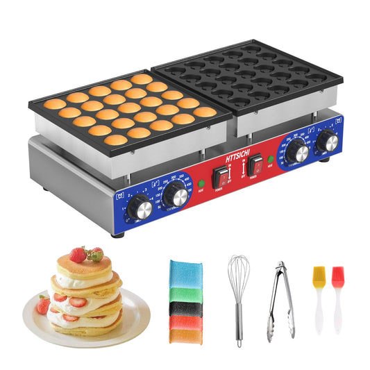HTTSICHI Mini Pancake Maker - 50Pcs Commercial Pancake Maker With Round-Shaped and Heart-Shaped, Mini Pancakes Maker Machine With 2 Thermostats & 2 Timers, Non-stick Electric Pancakes Maker