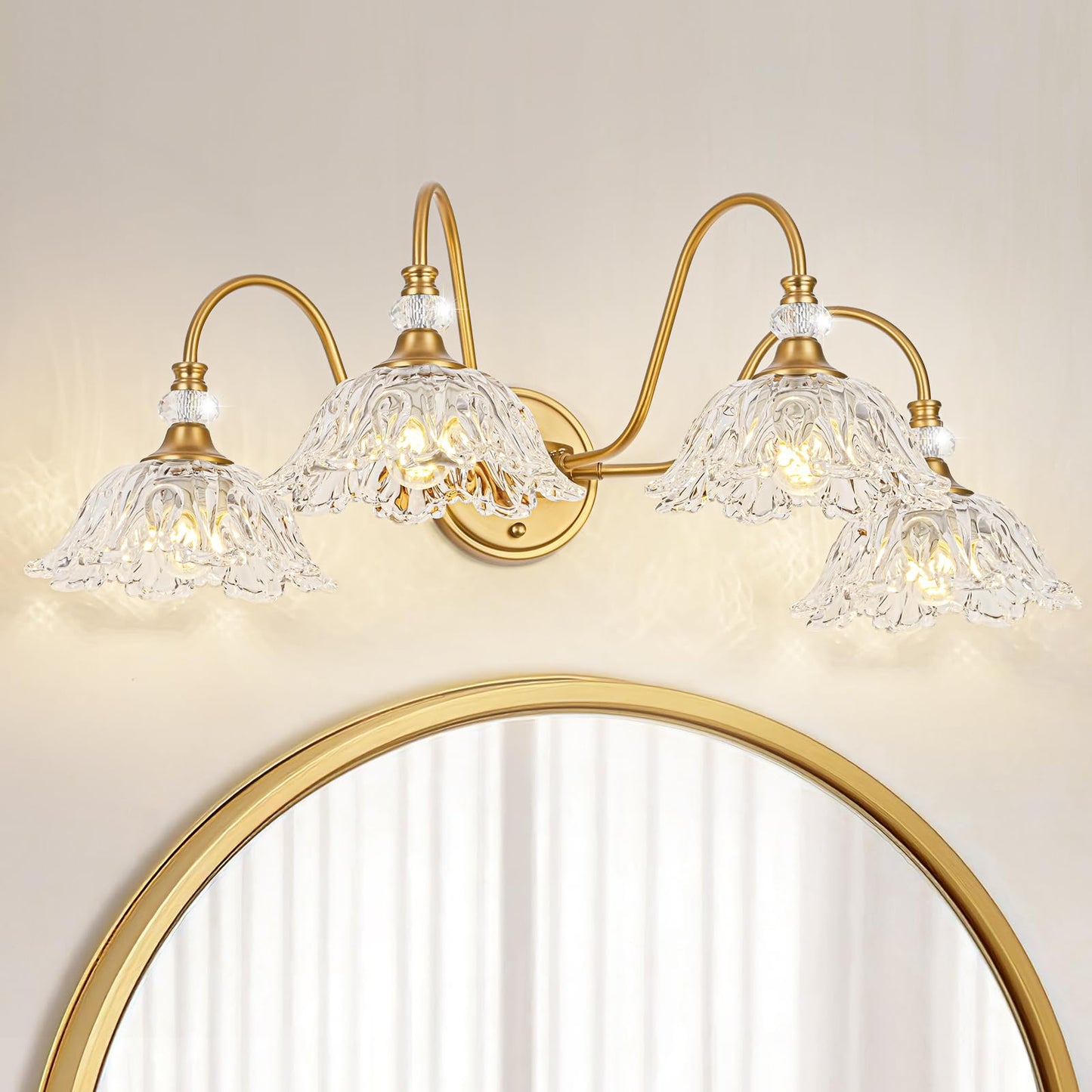 Sunkryster Vintage Matte Brass Finish Bathroom Vanity Light  4-Light Vanity Light With Floral Glass Shades  Retro Wall Mount Lighting For Bathroom  Dressing Table