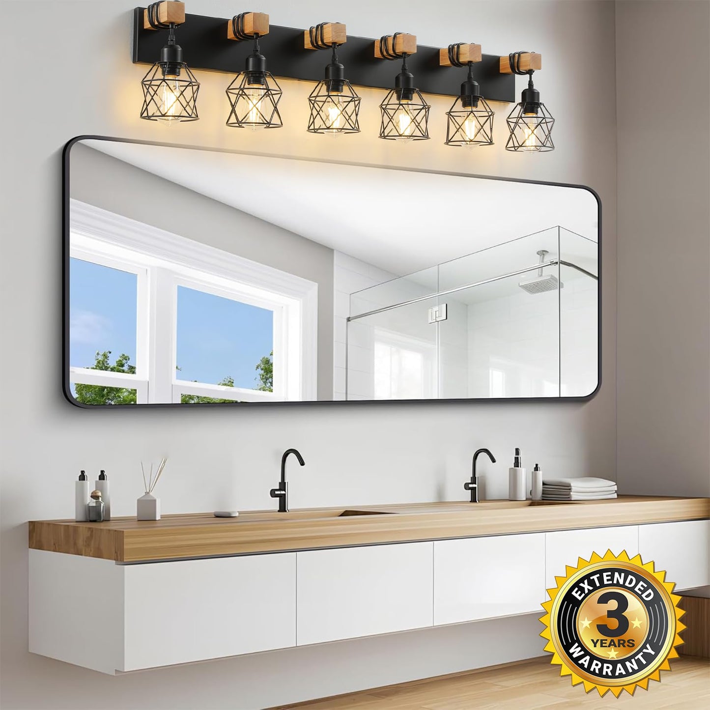 Farmhouse Vanity Light Fixture 6-Light Bathroom Lighting Black Industrial Wood Wall Light Over Mirror With Metal Shade Led Bulbs Not Included