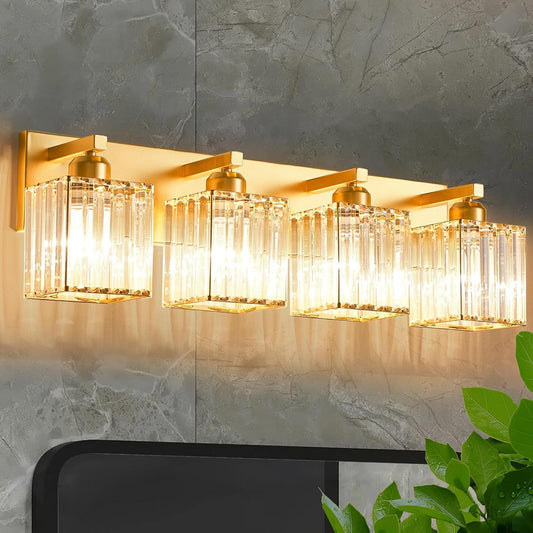 Bathroom Vanity Light Fixtures Over Mirror 4 Crystal Lights - Makeup Lighting Pure Gold - For Modern Wall  Bath  Desk  Farmhouse  Hallway