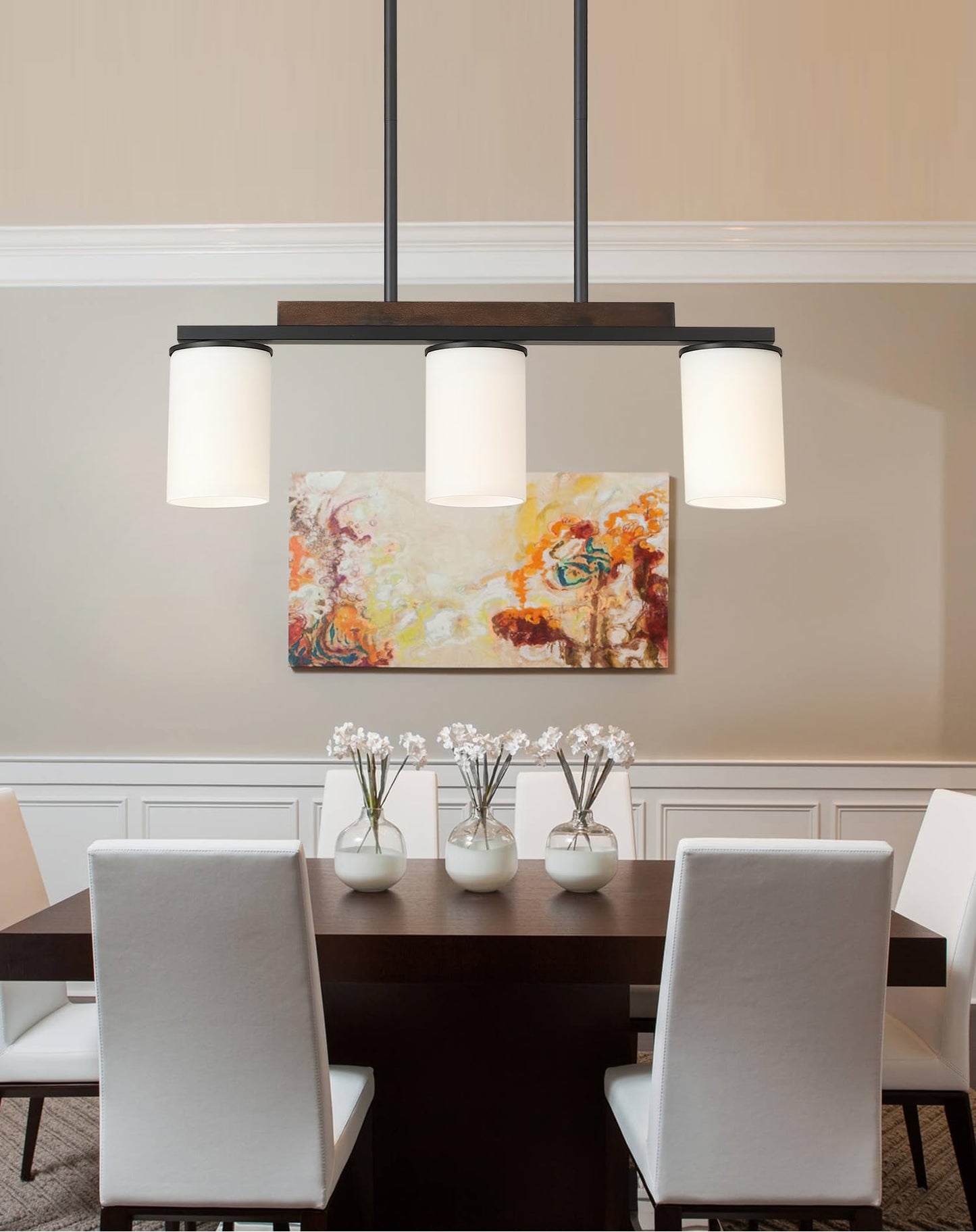 Mecgirn Farmhouse Dining Room Light Fixtures Over Table  Black Pendant Lights For Kitchen Island With Milk Glass Shade  3 Light Linear Chandelier Lighting With Wood