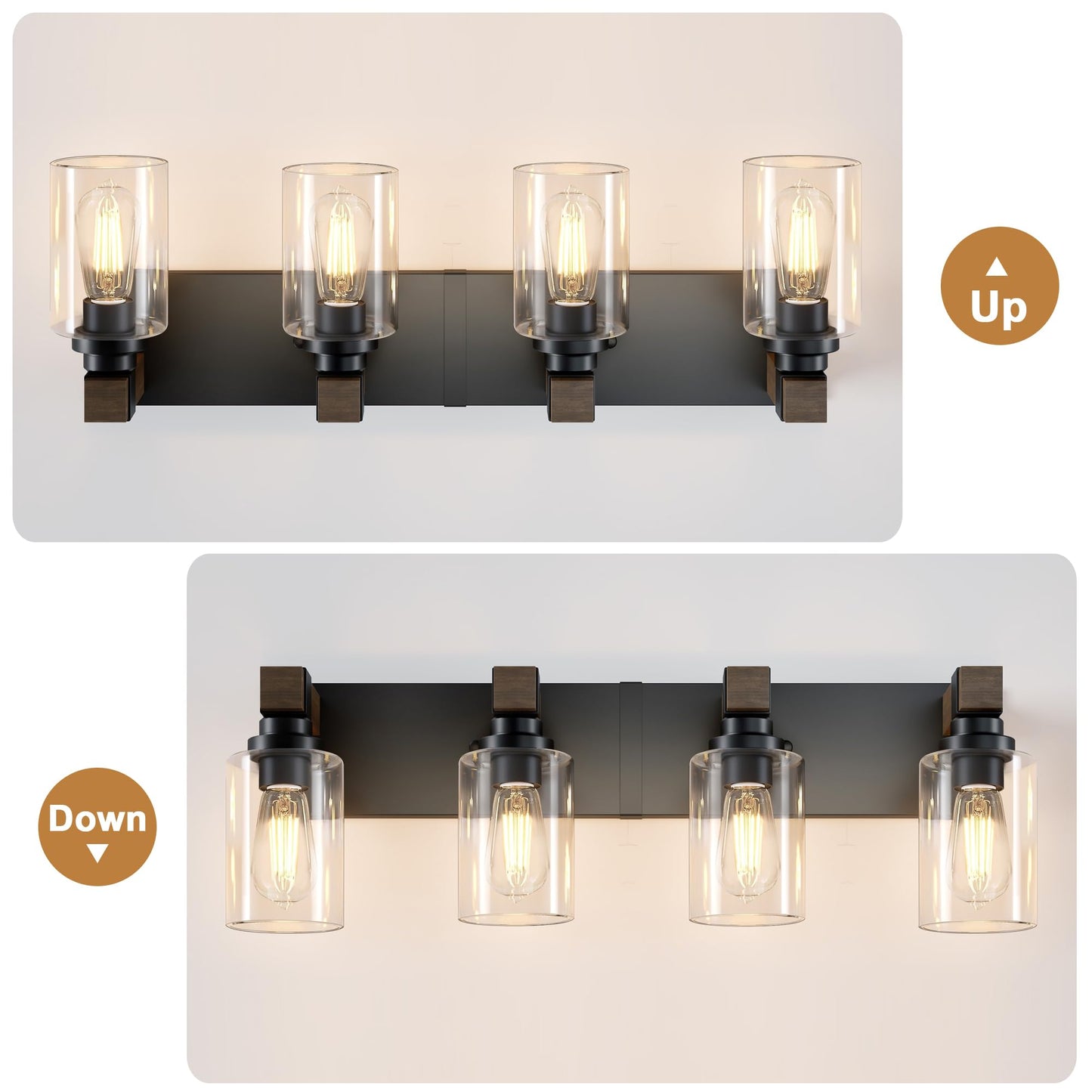 Farmhouse Bathroom Vanity Light Fixtures  Rustic 4-Light Wood Vanity Lights For Bathroom  Vintage Black Wall Sconces Lighting  Light Fixtures Over Mirror  With Glass Shade
