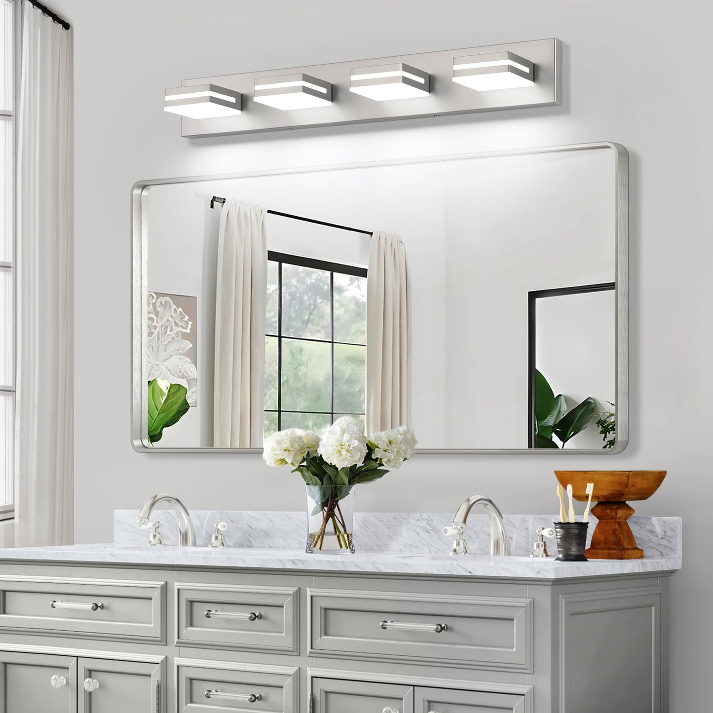Sinerise Led Modern Bathroom Vanity Light Fixtures (4-Light  30-Inch  Dimmable)  Brushed Nickel Modern Acrylic Bathroom Wall Lighting Fixtures Over Mirror (Cool White 6000K)