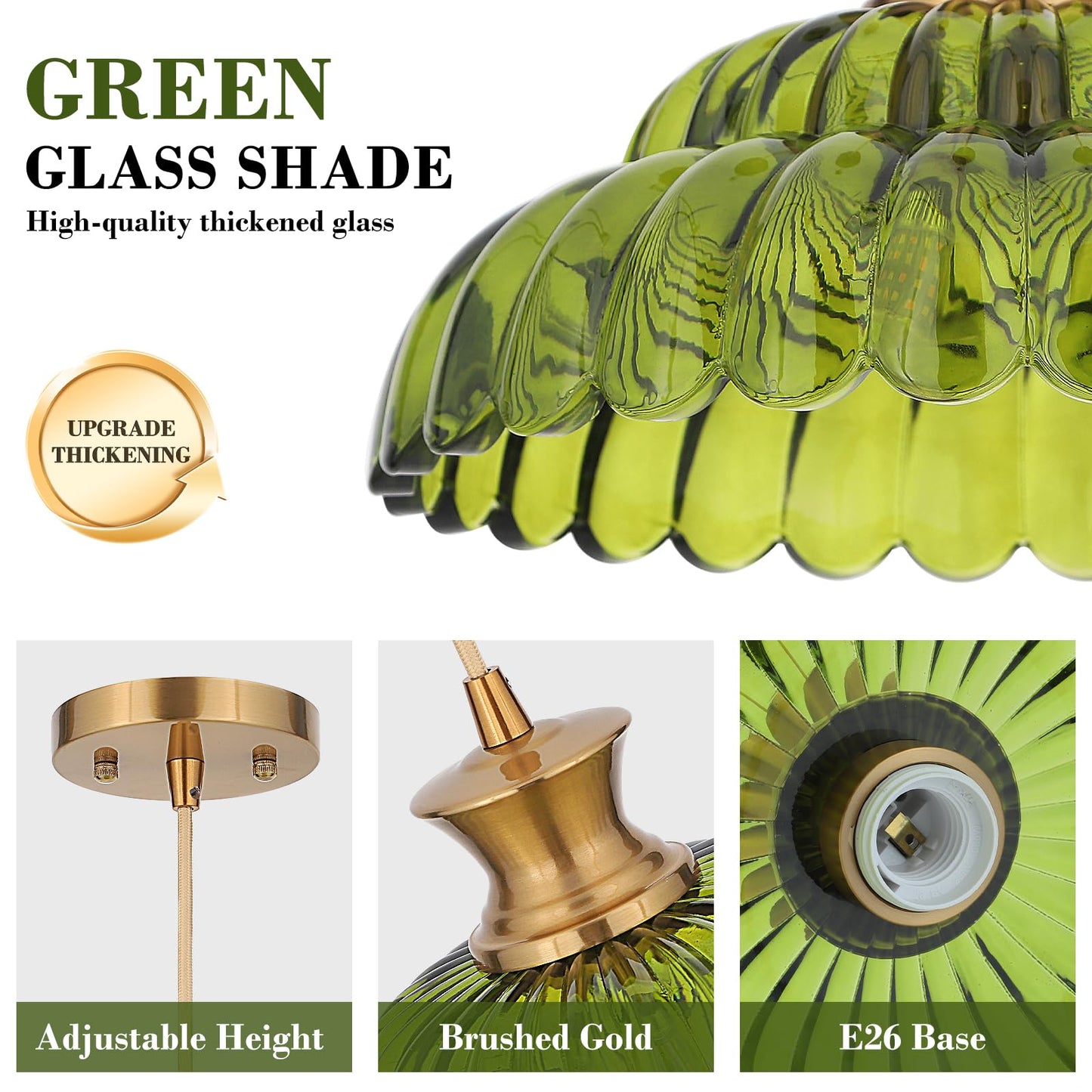 Mgcanyu 2Pack Glass Pendant Lights  11.8 Vintage Lighting Green Glass Light Fixtures Brushed Gold Modern Glass Chandelier Hanging Ceiling For Kitchen Island Dining Room Restaurant Foyer Entryway