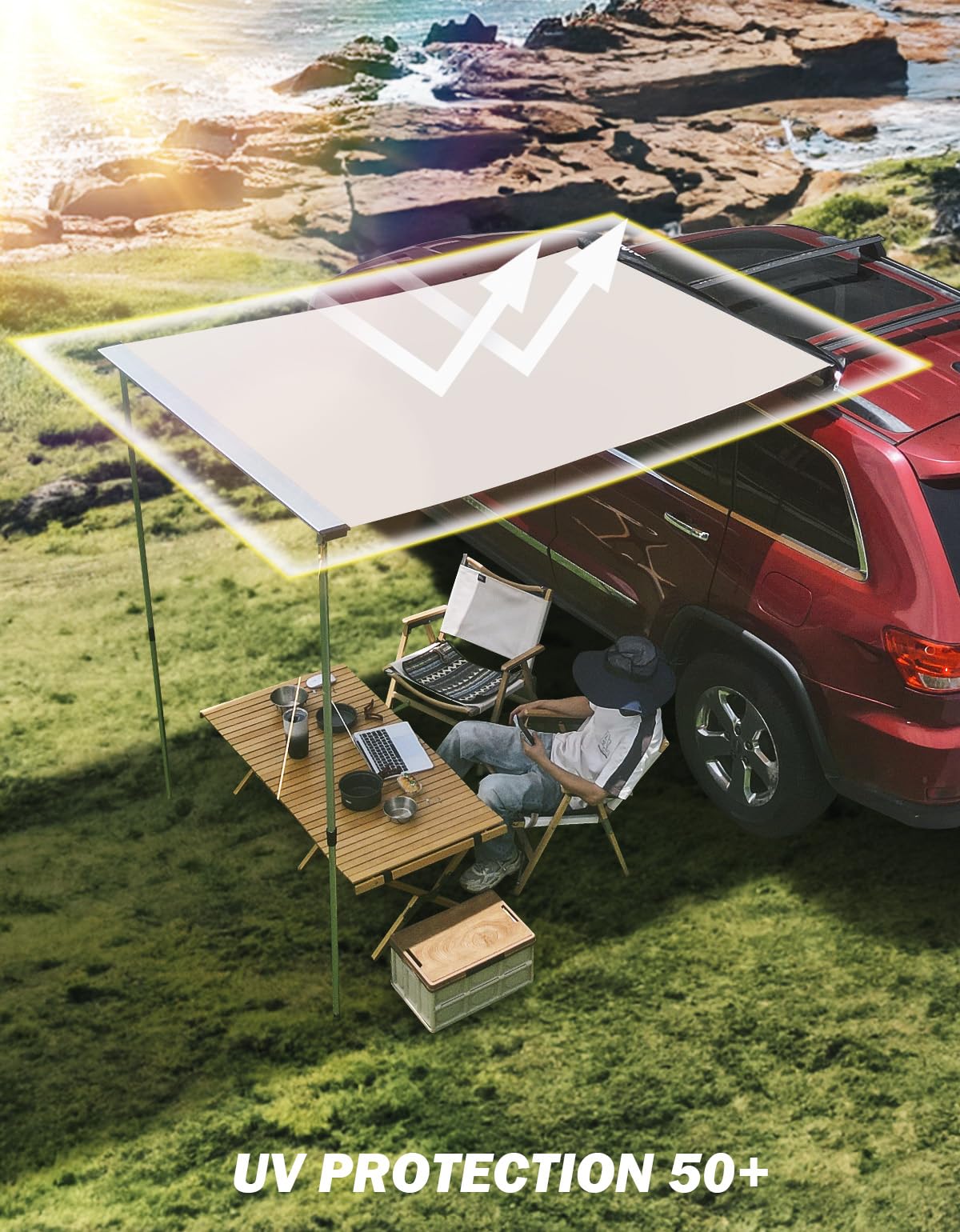 4.6'x6.6' Roof Rack Pull-Out Sun Shade+Foldable Mattress
