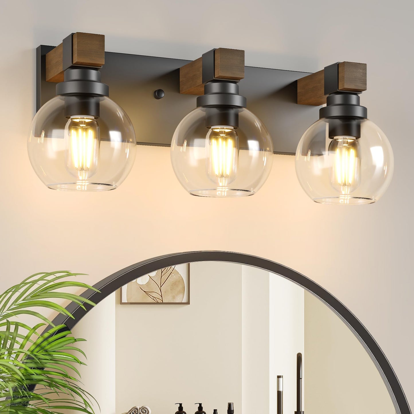 Farmhouse Bathroom Vanity Light Fixtures  3-Light Wood Bathroom Light Fixtures Over Mirror  Rustic Sconces Wall Lighting With Glass Shade For Living Room  Bedroom  Hallway