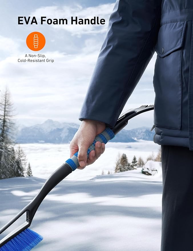 AstroAI 2 Pack 27" Snow Brush and Ice Scrapers for Car Windshield, Detachable Snow Scrapers with Ergonomic Foam Grip for Cars, Trucks, SUVs (Heavy Duty ABS, PVC Brush, Orange)