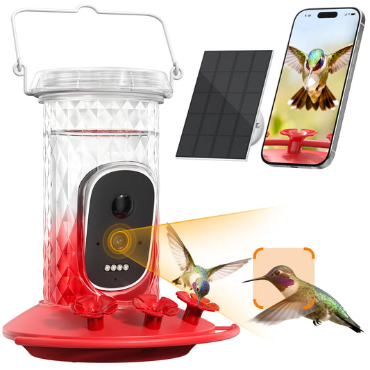 Smart Hummingbird Feeder Camera with AI Identification, 2.5K HD & Color Night Vision, Solar Powered Outdoor, IP66 Weatherproof – Garden Decor & Gift for Bird Lovers (Red Ombre)
