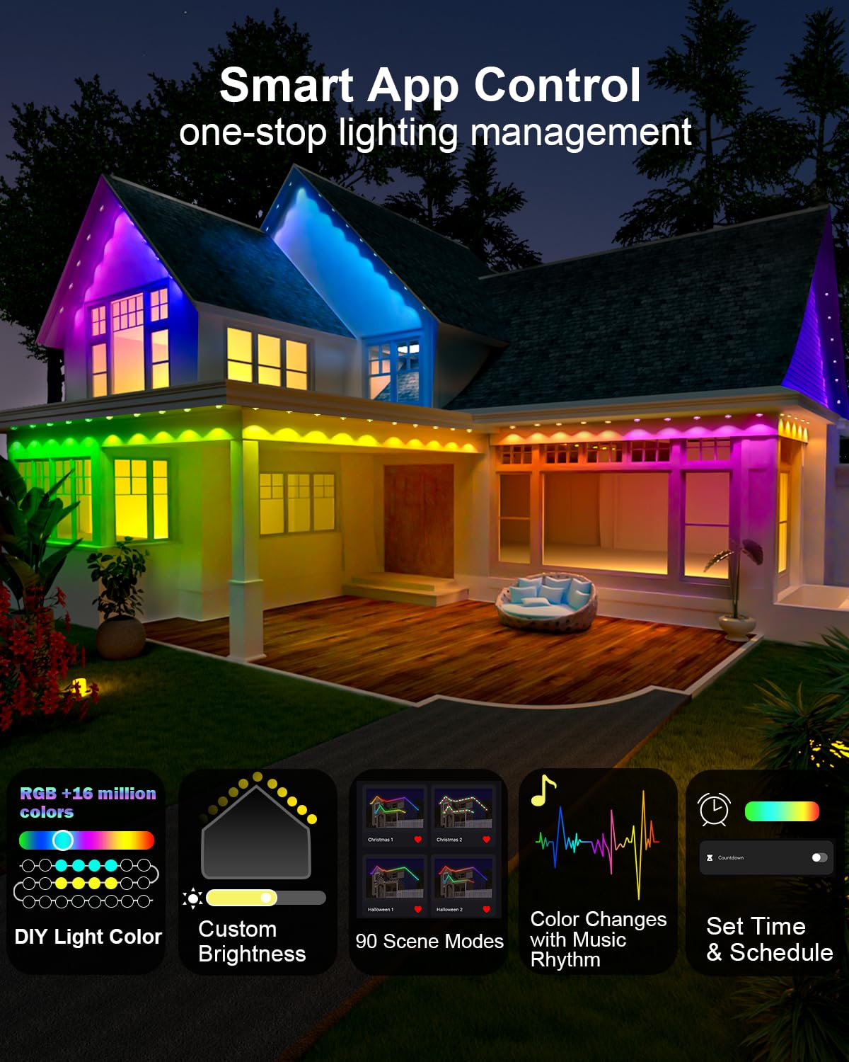 Tropwellhouse Permanent Outdoor Light Pro  100Ft With 72 Rgb+Ic Led Lights  90 Scene Modes  Ai Light Design  Ip67 Waterproof For Halloween Christmas Decor And Daily Lighting  Work With Alexa  Google