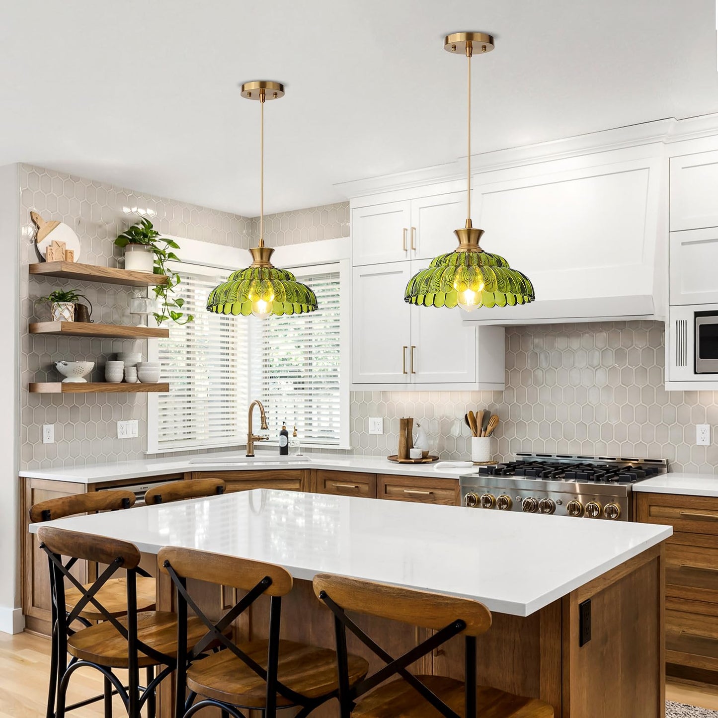 Mgcanyu 2Pack Glass Pendant Lights  11.8 Vintage Lighting Green Glass Light Fixtures Brushed Gold Modern Glass Chandelier Hanging Ceiling For Kitchen Island Dining Room Restaurant Foyer Entryway