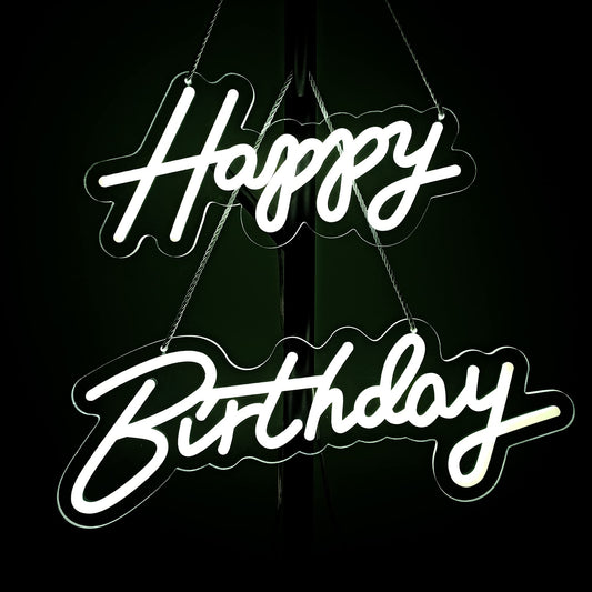 ASIUXIRS Neon Sign - 28x6 Inch Happy Birthday Wall Light - White - Perfect for Bars, Clubs, Bedrooms, Weddings, and Parties