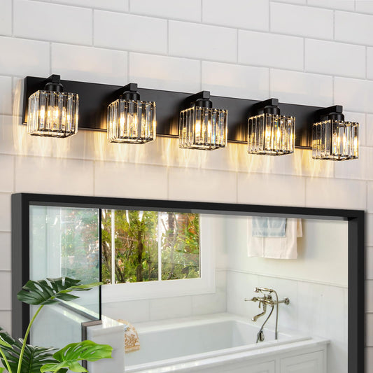 Huoku 35.43 Black Crystal Bathroom Vanity Light 5-Lights Modern Bathroom Lighting Fixtures Over Mirror  Crystal Wall Light