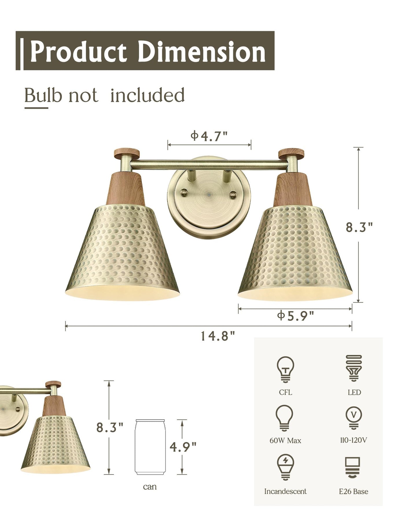 Femila 2 Light Bathroom Vanity Light Fixtures Over Mirror  Modern Brass Gold Bathroom Lighting Fixtures With Metal Shades  Woodgrain Finish  4Fg59B-2W Bg-Nw