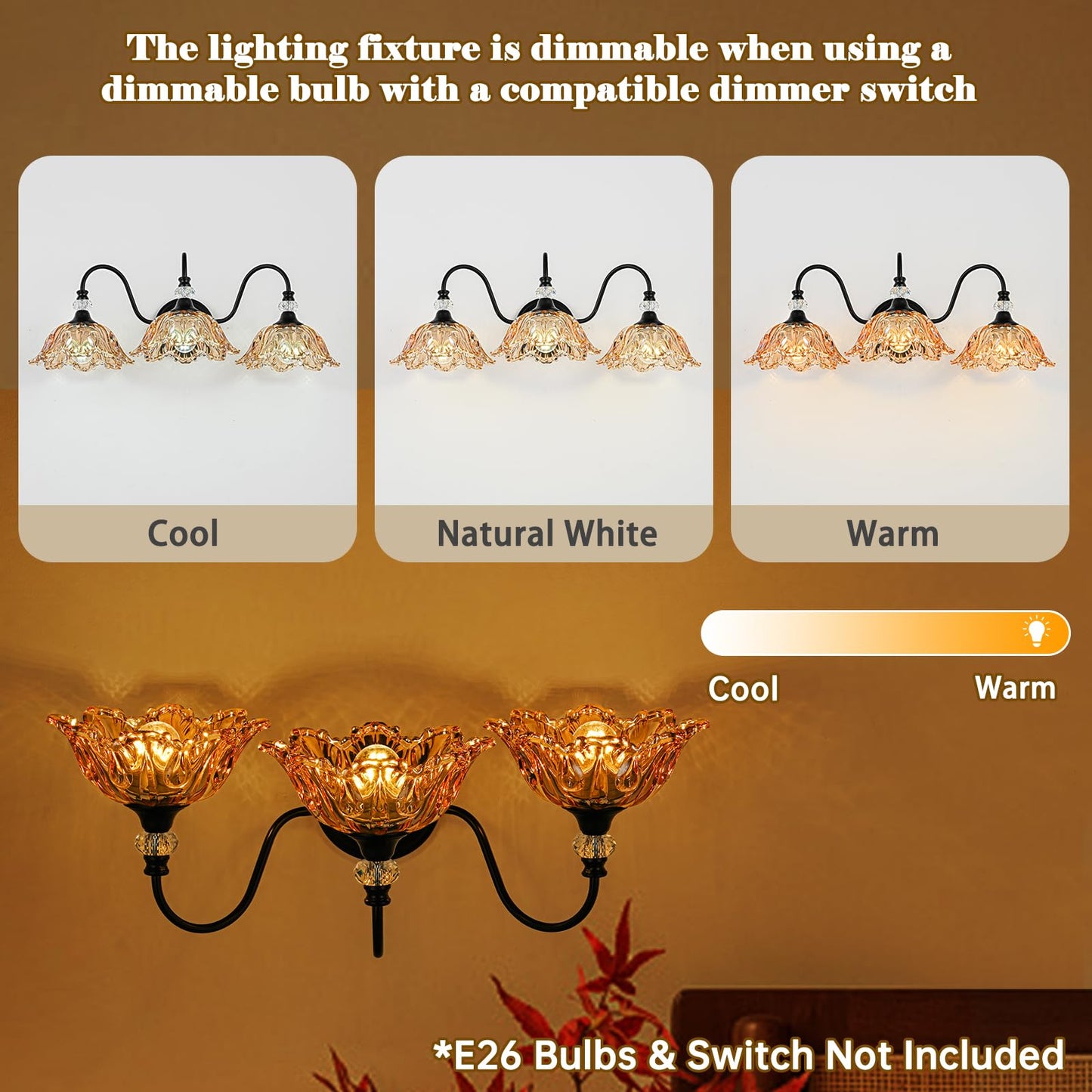 Sunkryster Black Bathroom Vanity Light 3-Light Vanity Light With Floral Amber Glass Shades Vintage Farmhouse Wall Mount Lighting For Bathroom  Dressing Table
