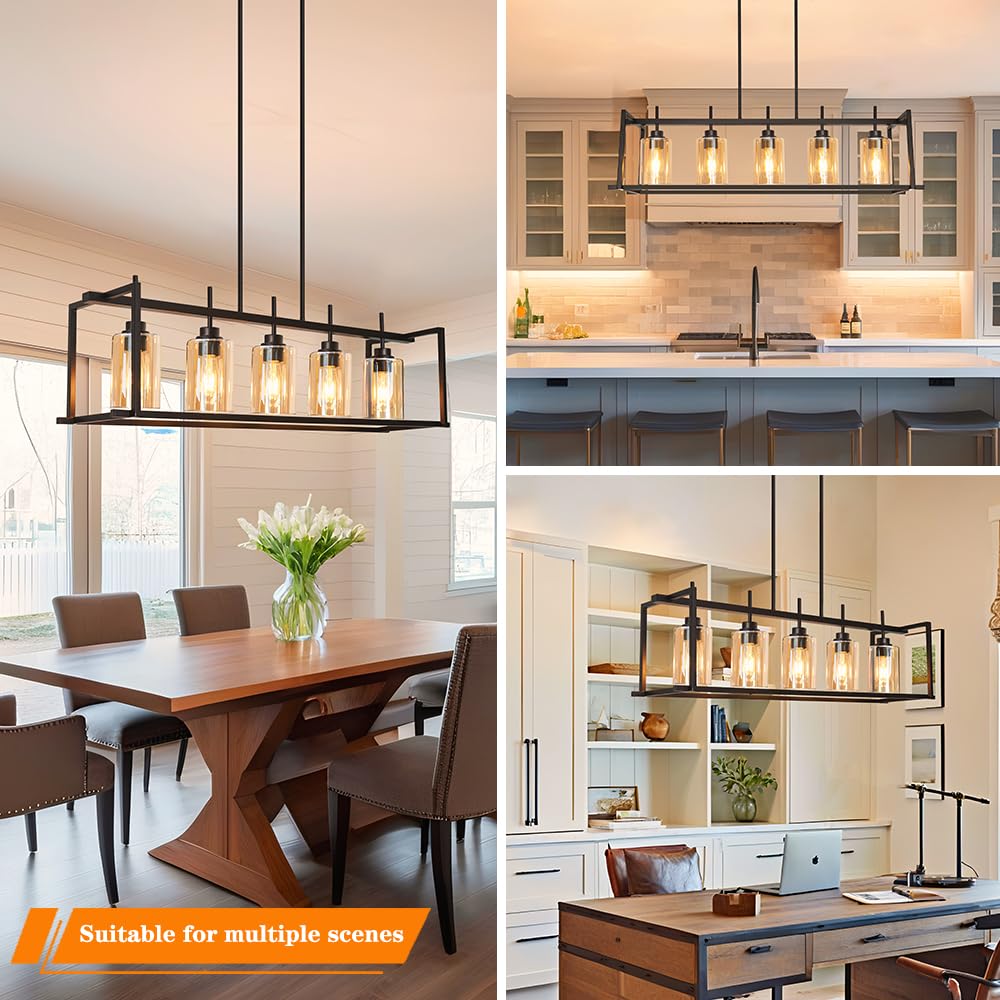 Dsmjfu Matte Black Farmhouse Dining Room Lighting Fixture  5-Light Linear Pendant Lighting  Rectangle Kitchen Light With Amber Glass Shades  Adjustable Height Rectangle Hanging For Kitchen Table