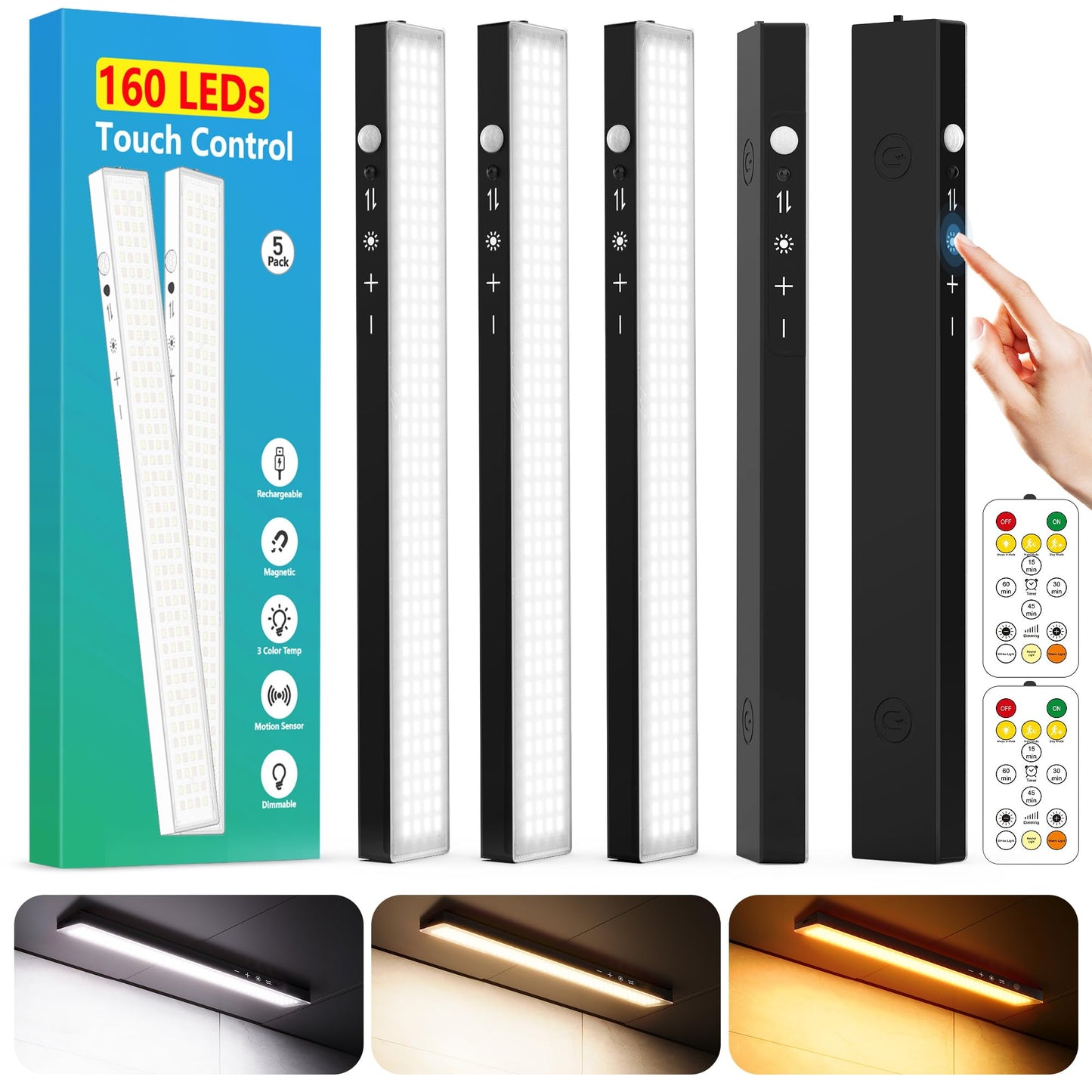 160Leds Touch-Control Under Cabinet Lighting W/4000Mah Battery  Cordless Motion Sensor Under Counter Lights For Kitchen  Magnetic Rechargeable Closet Lights - 5Pack/Black  2025 Fall