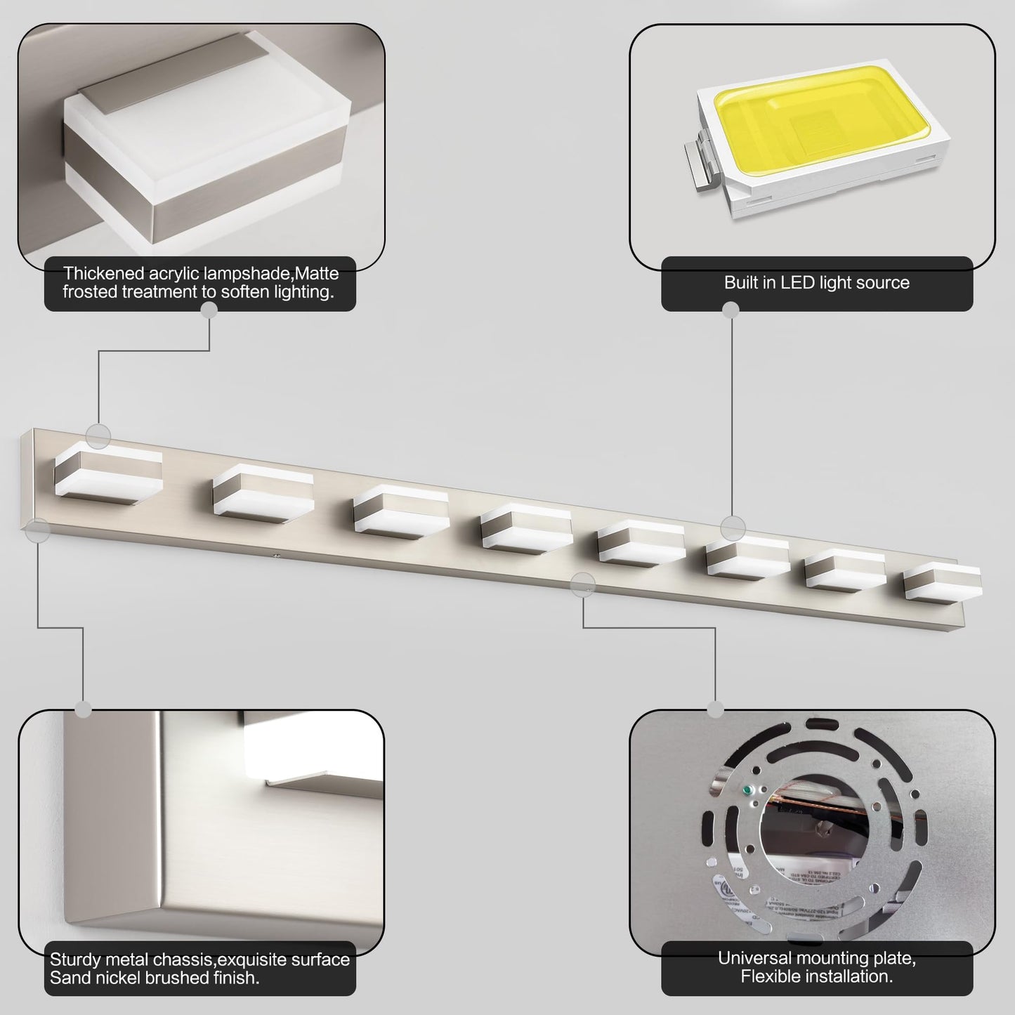 Solfart Bathroom Light Fixtures Brushed Nickel Vanity Lights For Bathroom Above Mirror  8 Light Led Lighting Fixture  Nickel Vanity Light  61 Inch Vanity Light Over Mirror