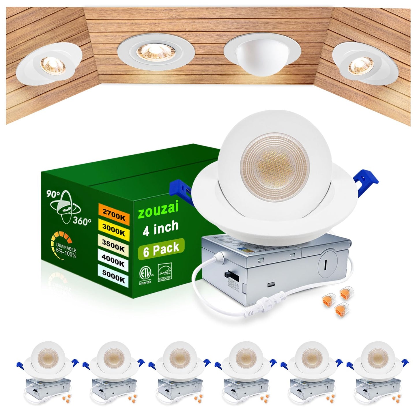 Zouzai 4 Inch 5Cct Gimbal Led Recessed Lights  360+90 Adjustable Directional Recessed Lighting  2700K/3000K/3500K/4000K/5000K Dimmable Retrofit Eyeball Can Lights With Jbox  Etl(White  6 Pack)