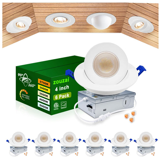 Zouzai 4 Inch 5Cct Gimbal Led Recessed Lights  360+90 Adjustable Directional Recessed Lighting  2700K/3000K/3500K/4000K/5000K Dimmable Retrofit Eyeball Can Lights With Jbox  Etl(White  6 Pack)