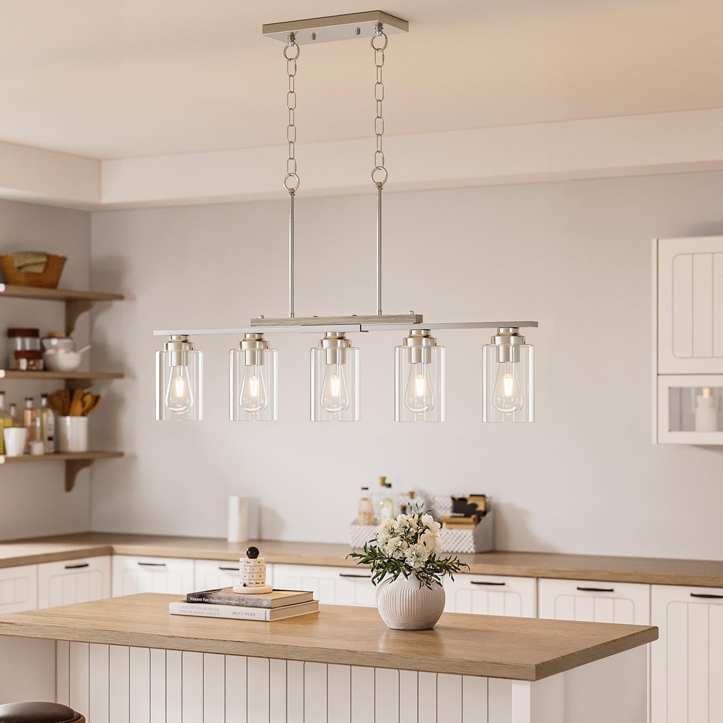 Vonluce Kitchen Island Lighting  5-Light Dining Room Light Fixture Over Table With Glass Shade And Adjustable Rods  Farmhouse Linear Chandelier For Kitchen Island  Brushed Nickel  Etl Certificated
