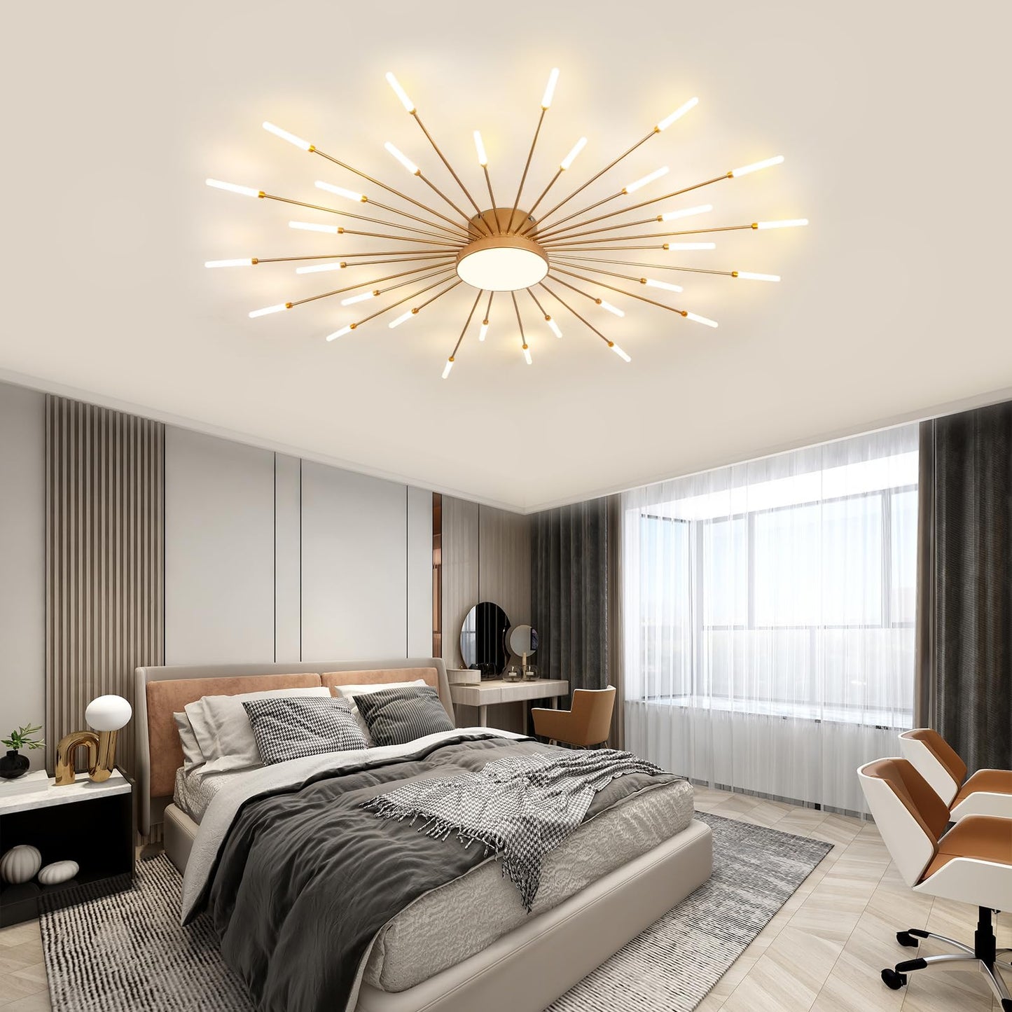 Ziidoo Modern Ceiling Light 30+1 Lights Metal Firework Designed Chic Led Lighting Fixture For Farmhouse Kitchen Dining Room Bedroom Hallway Living Room (Gold And Dark Gold)