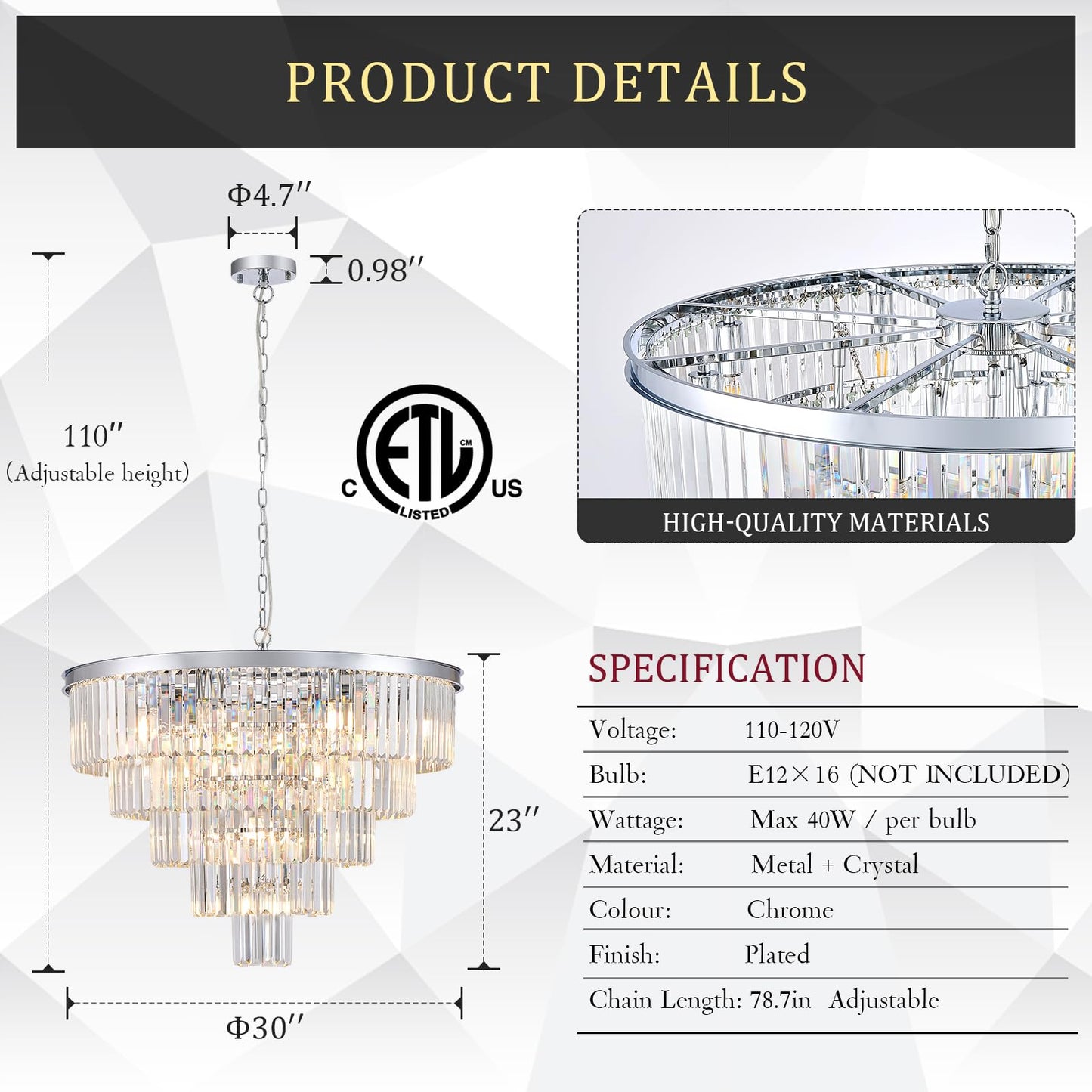 Catiner Large Crystal Chandeliers Modern Chrome 30  Chandelier For Foyer Staircase stylish 5 Tiers 16 Lights K9 Ceiling Pendant Lighting Fixture For Living Room Dining Room Bedroom