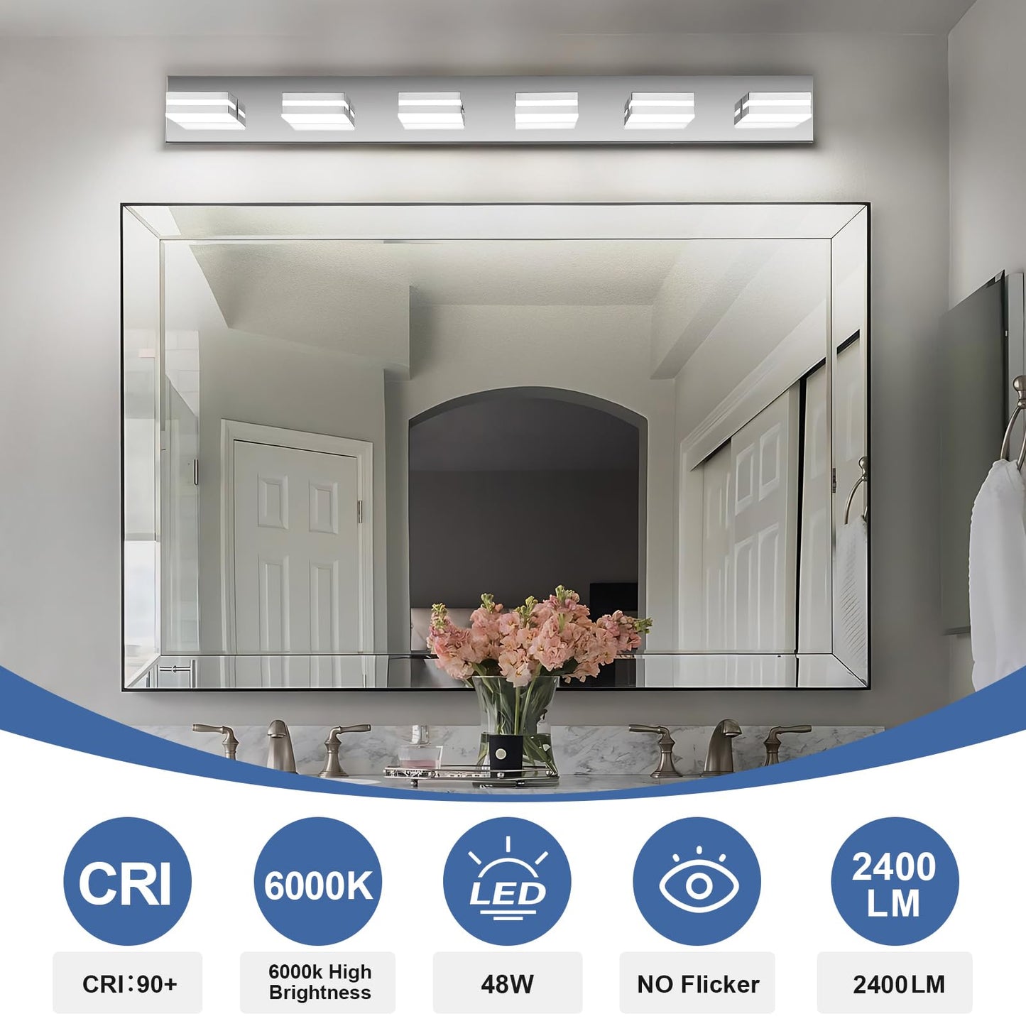 Jzekvn Modern Led Bathroom Lights Fixtures(6-Light) Stainless Steel Chrome Acrylic Wall Lighting Vanity Lights For Bathroom Over Mirror(6000K 41In