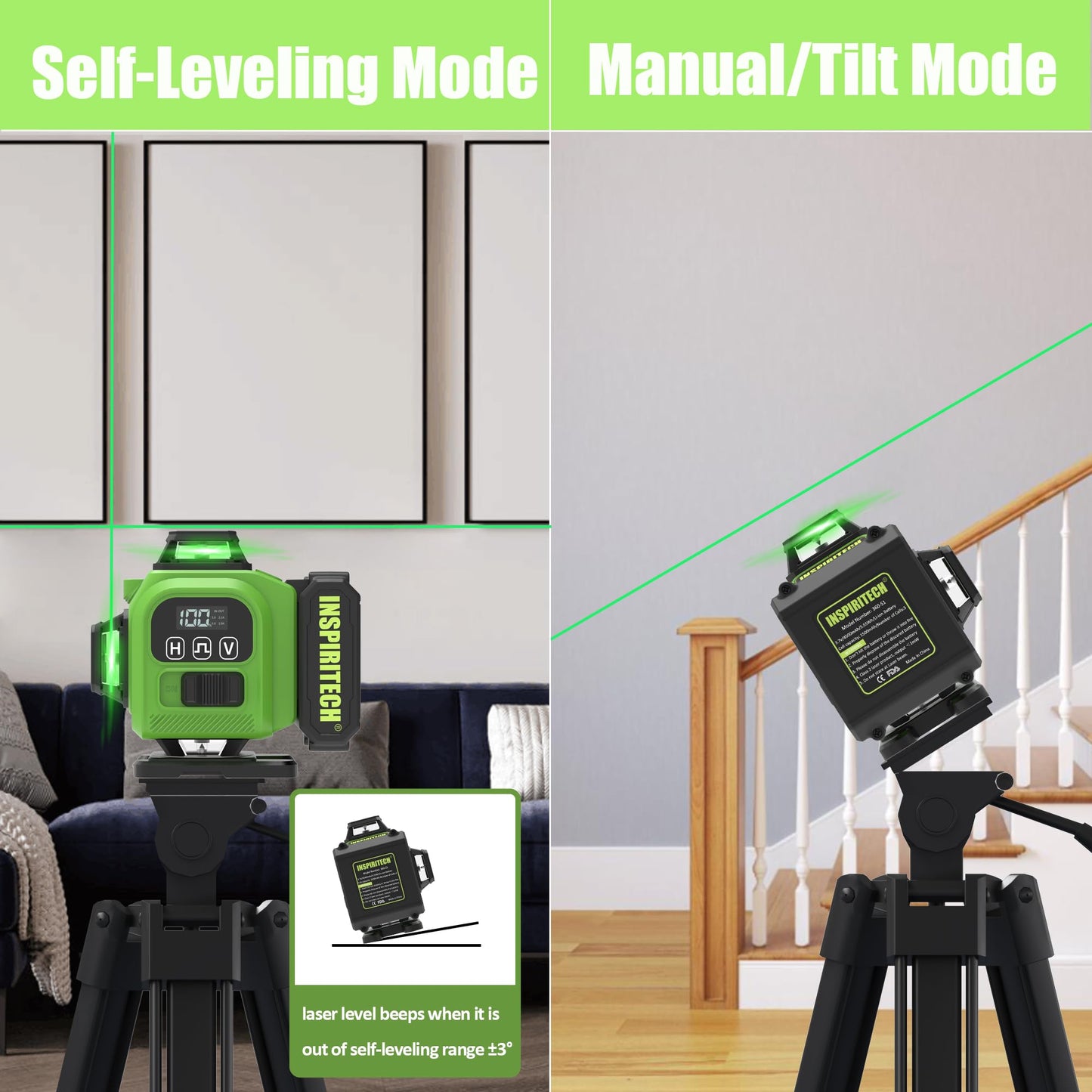 INSPIRITECH Laser Level 360 Self Leveling with Hard Case & Remote, 4x360 Rechargeable Green Line Laser for Framing Wall Ceiling Floor Tile
