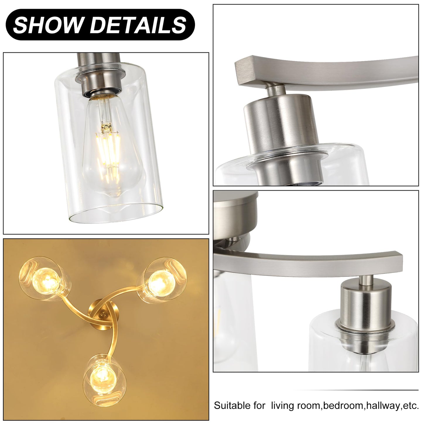 Cnratye 3-Light Brushed Nickel Pendant Lighting For Kitchen Island  Hanging Dining Room Light Fixtures Over Table  Industrial Chandelier For Entryway Hallway Foyer Bedroom  Clear Glass Shade