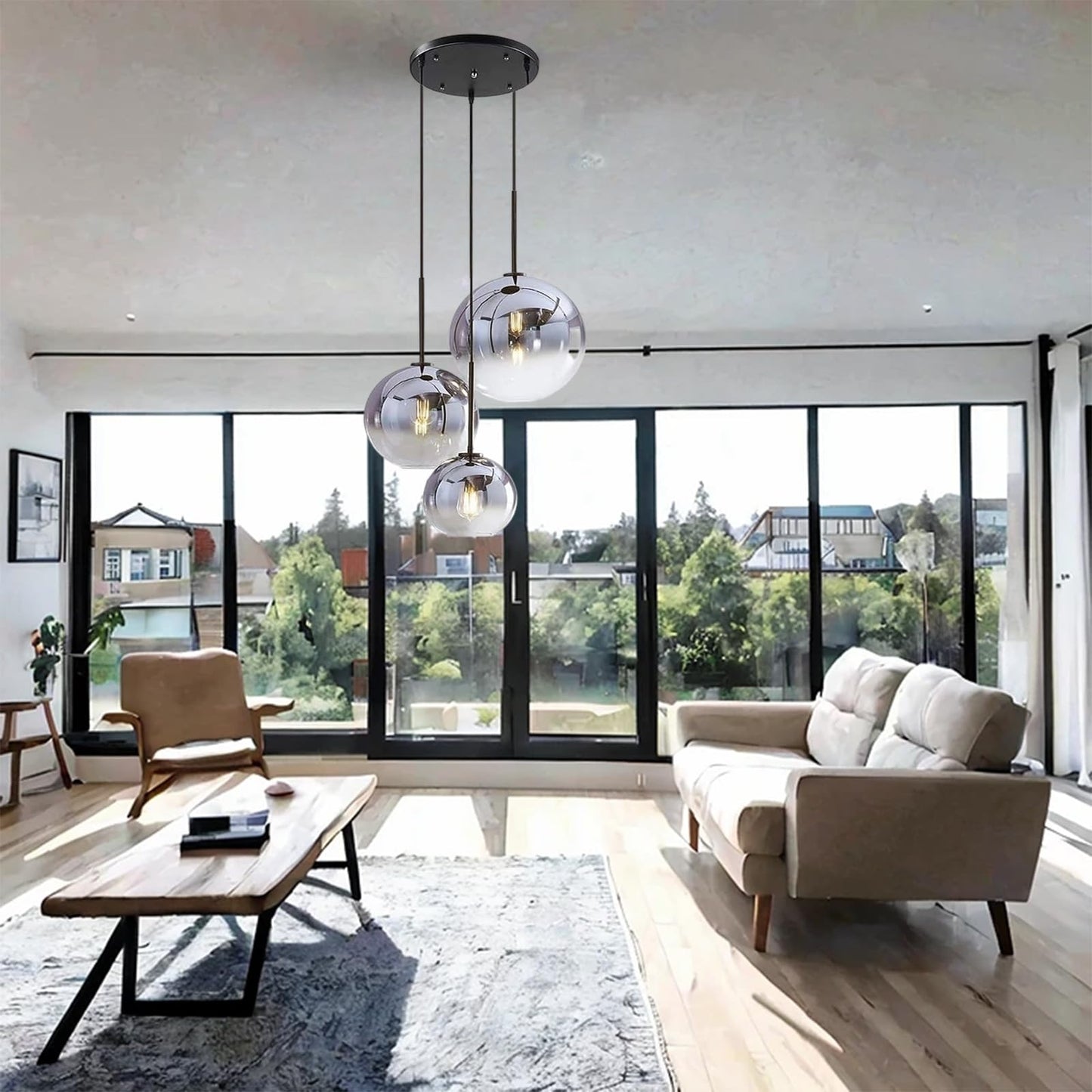 MZStech H XD GLOBAL 3-Light Globe Pendant Light, Silver Glass Chandelier for Kitchen Island, 35cm