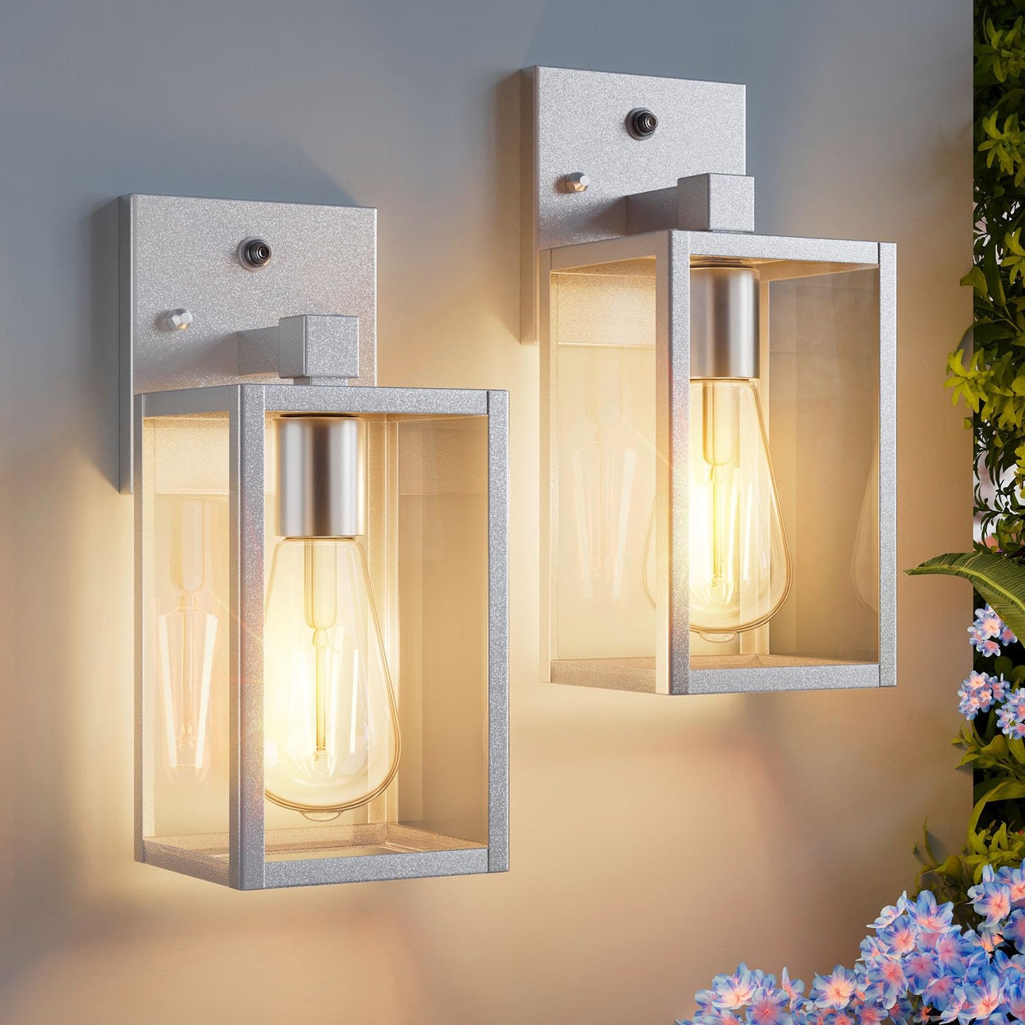 2 Pack Silver Dusk To Dawn Exterior Lighting Fixtures Wall Mount  Sensor Outside Front Porch Lights For House  Outdoor Lantern Lamp  Waterproof Wall Sconce Lights  Coach Light For Garage Entryway