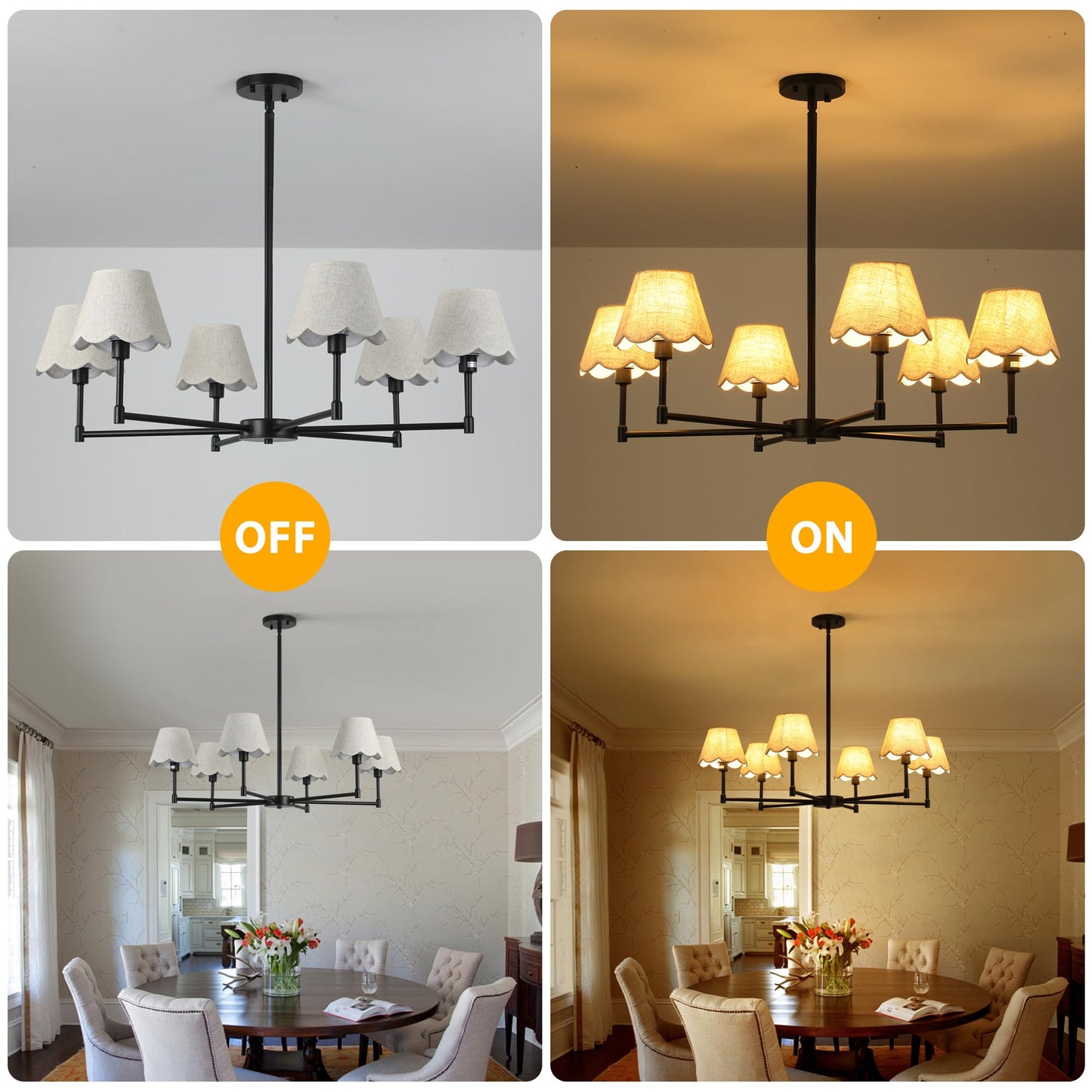 Zxfdwb 6-Light Black Chandelier With White Linen Shades  37.5Modern Pendant Light Fixture For Dining Room  E12 Base  Height Adjustable  Living Room Bedroom Hallway Ceiling Lighting