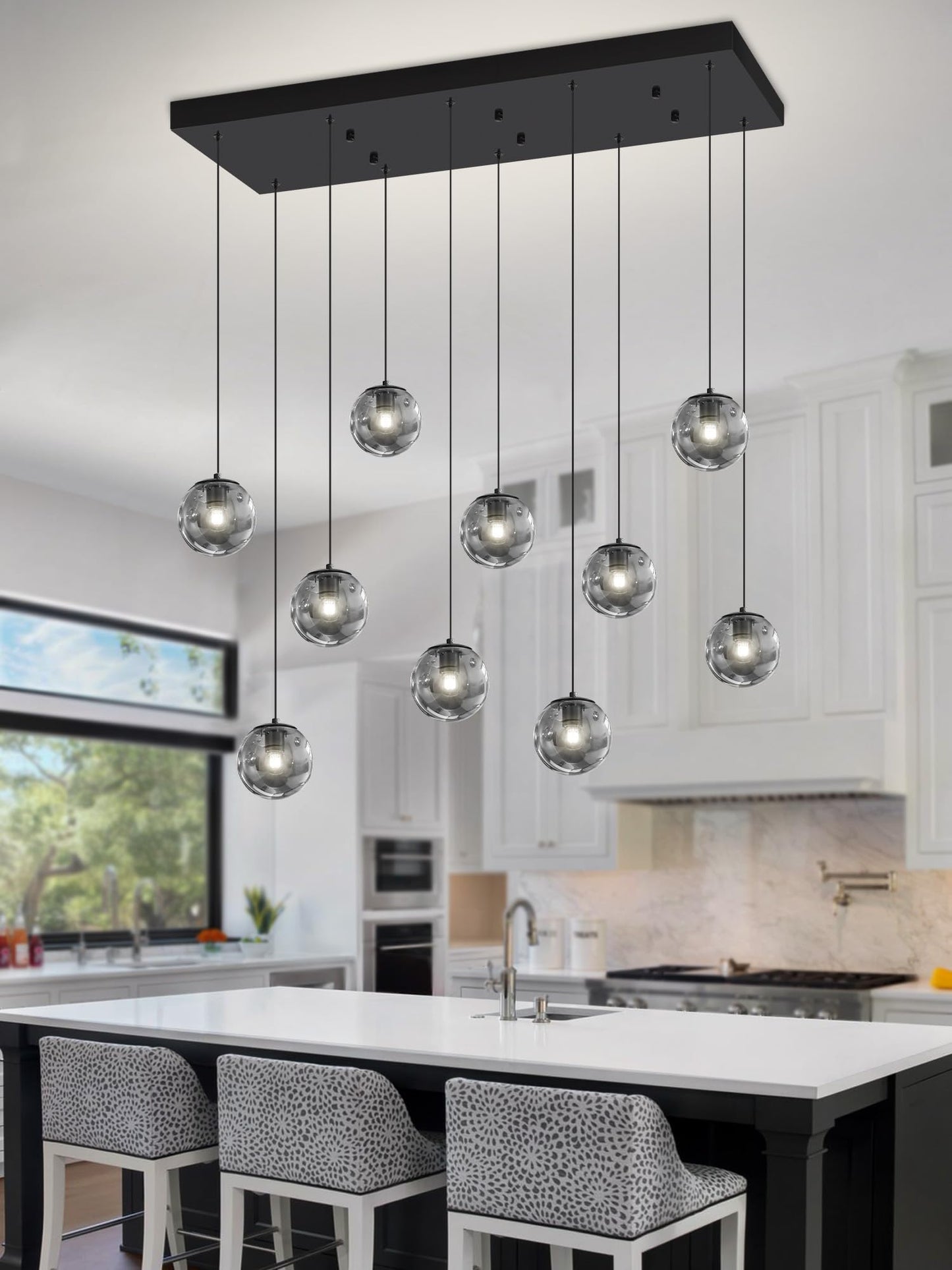 Ykolupty Rectangular Chandelier Smoke Gray Chandelier For Dining Room Large Chandeliers For High Ceiling 10-Lights Entryway Modern Lighting Fixture Globe Pendant Light For Living Room Foyer Hallway
