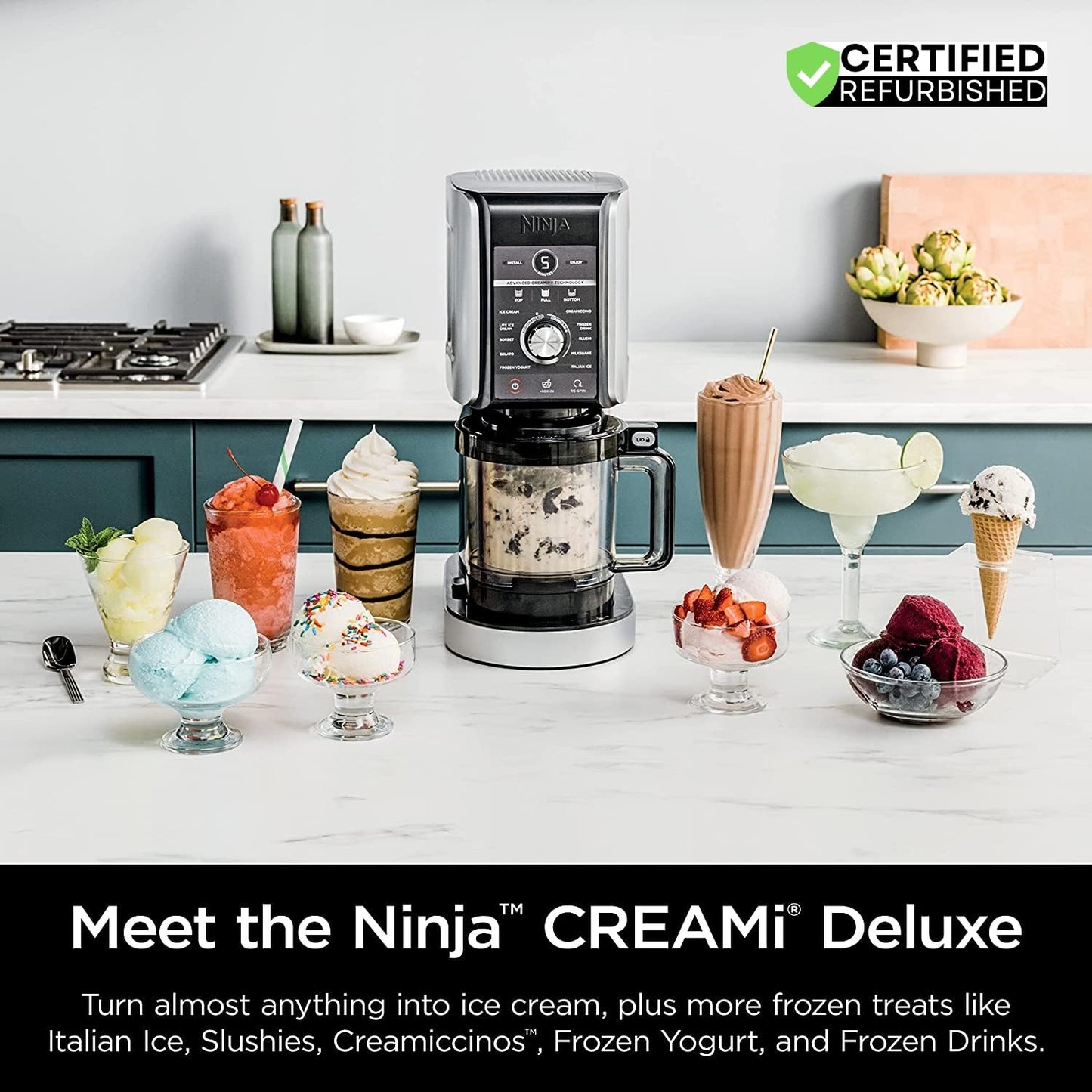 Ninja NC501 CREAMi Deluxe 11-in-1 XL Ice Cream Maker Silver (Renewed) Bundle with Deco Essentials 6 Pack of Pints and Lids for Ninja Creami