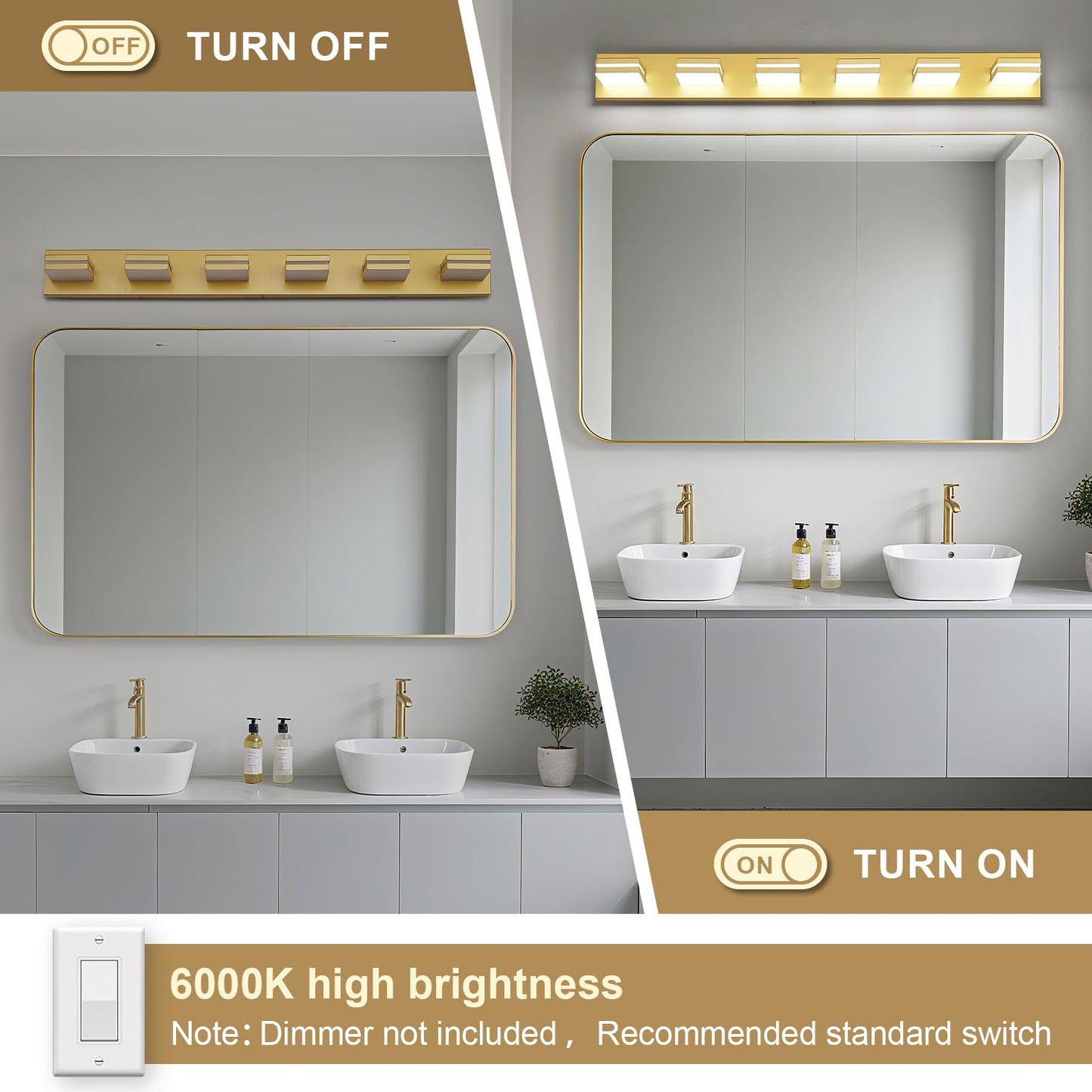Jzekvn Modern Led Bathroom Lights Fixtures(6-Light) Metal Gold Acrylic Wall Lighting Vanity Lights For Bathroom Over Mirror(6000K 41In
