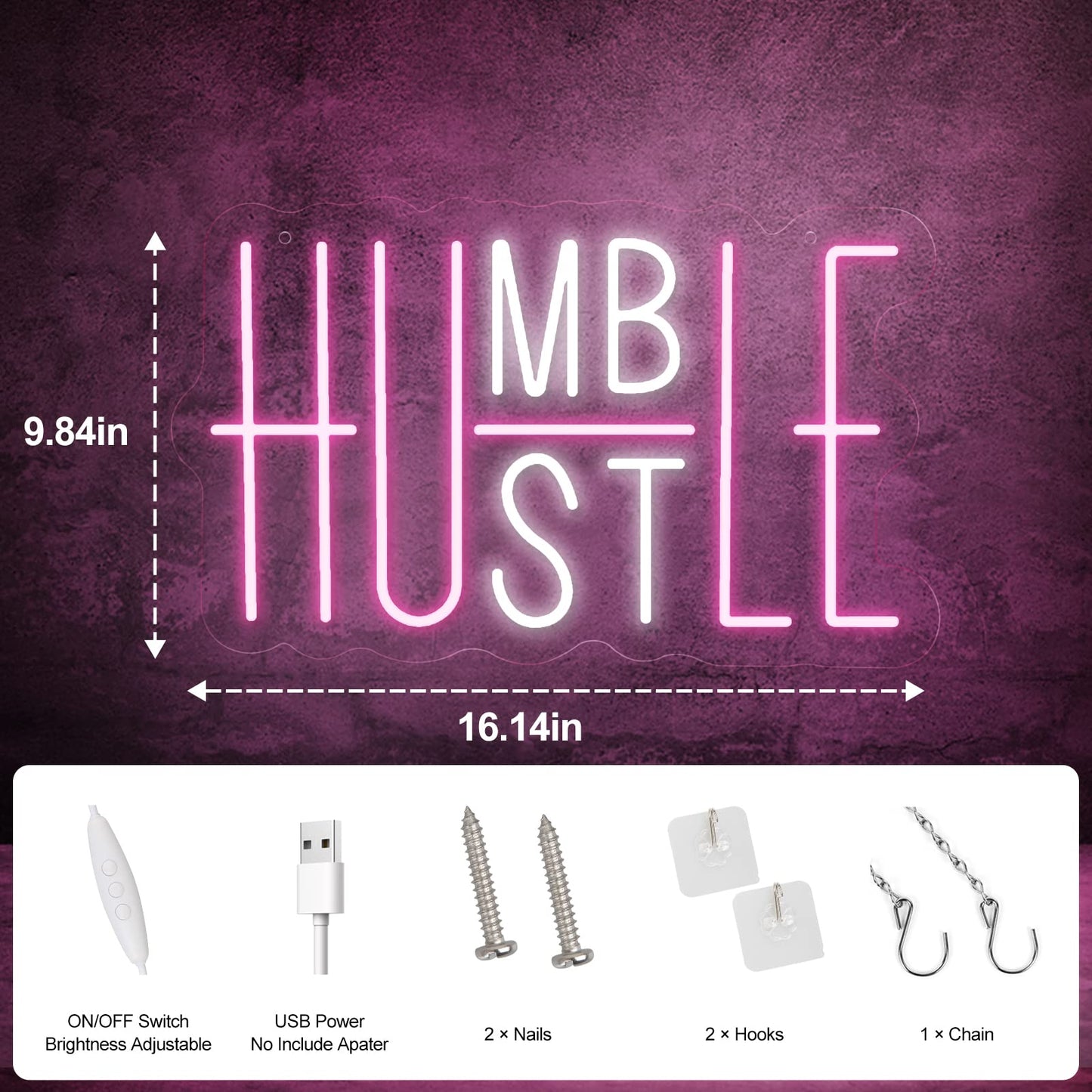 YIKBIK Hustle LED Neon Sign, USB Powered, Adjustable Brightness, Pink&White, Model 01, Wall Decor for Office, Gym, Man Cave