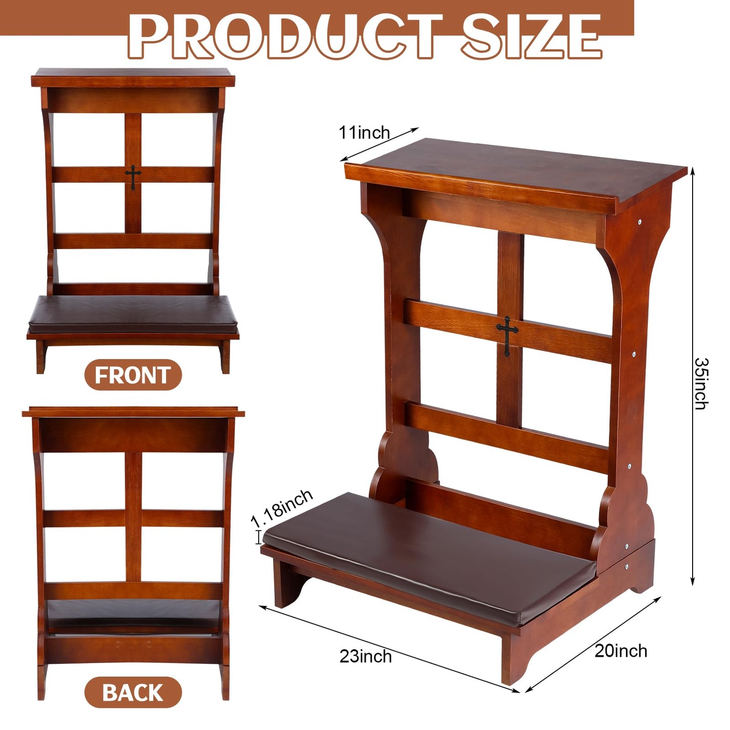 DoubleFill Solid Wood Prayer Bench Stool with Shelf and Cushion Church Prayer Bench Table Chair Padded Kneeler for Kneeling at Home, Religious Gifts, 23 x 20 x 32 Inches(Simple Style)