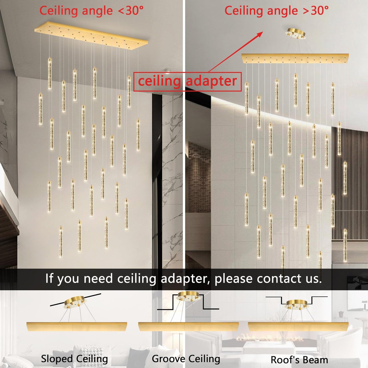 Rectangular Chandeliers 26-Lights Long Light For Entryway Led Dimmable Chandeliers Lighting Fixture Flat Sloped High Ceiling Pendant Lights Crystal For Living Room Foyer Hallway Staircase Gold