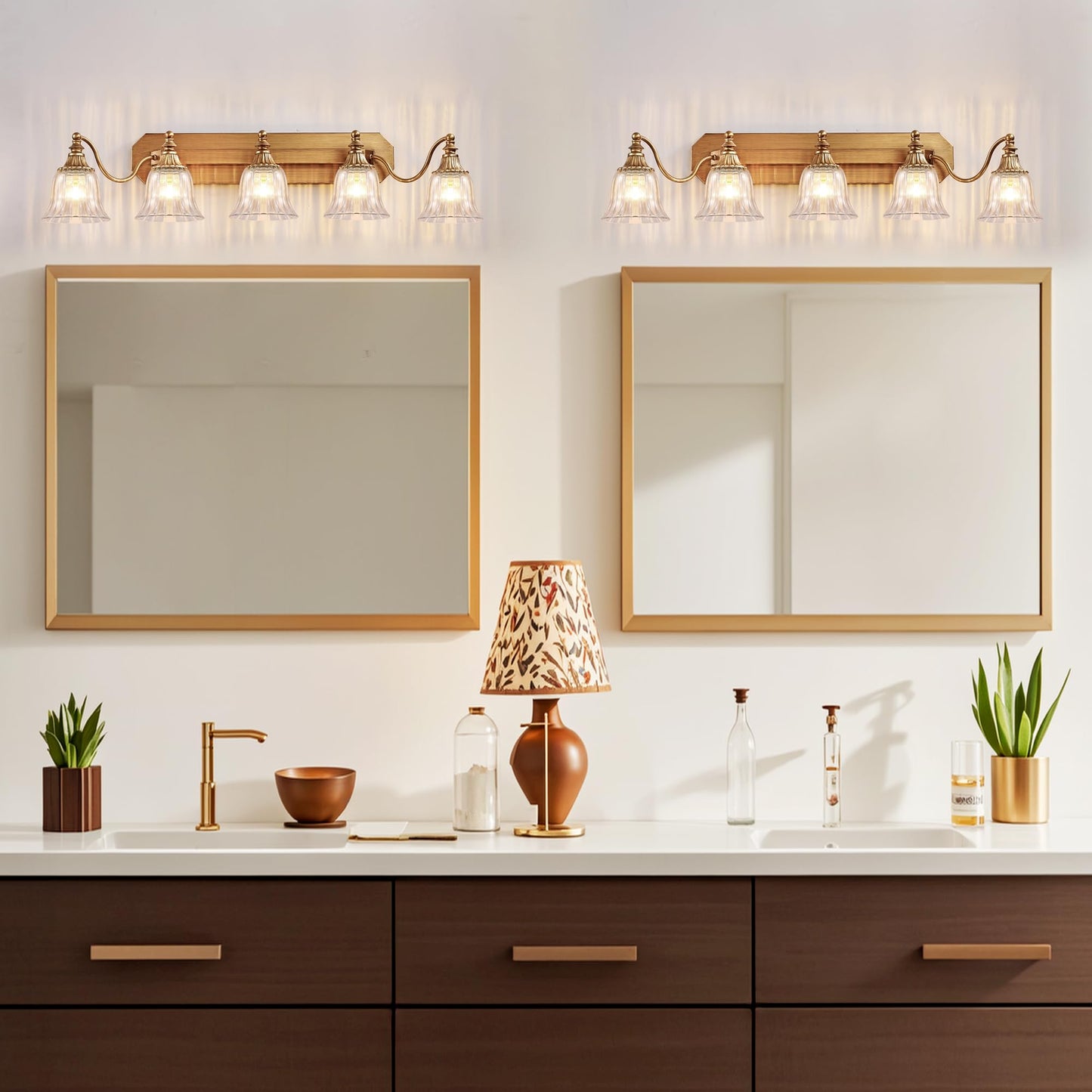 Dvmteom Gold Vintage Bathroom Light Fixtures  5-Lights Bathroom Vanity Light  Antique Brushed Gold Lighting Fixtures Over Mirror With Crystal Glass Shade  Wall Sconce Lighting